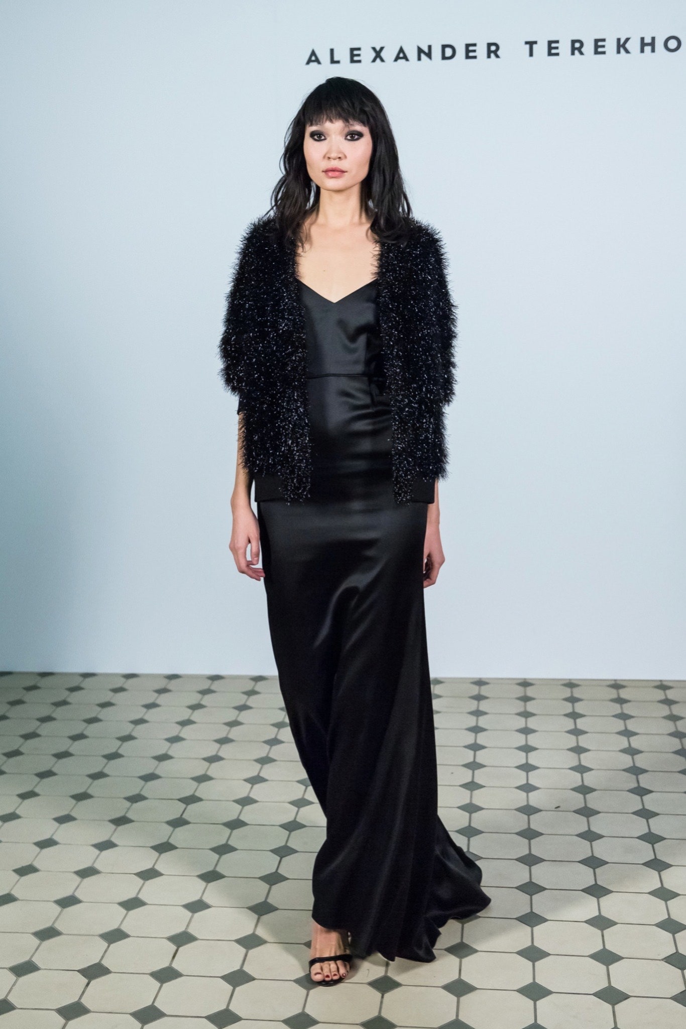 black silk gown with fur jacket