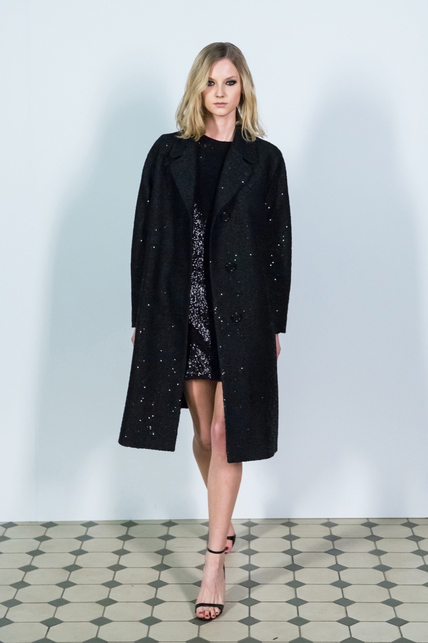 black wool coat and mini dress