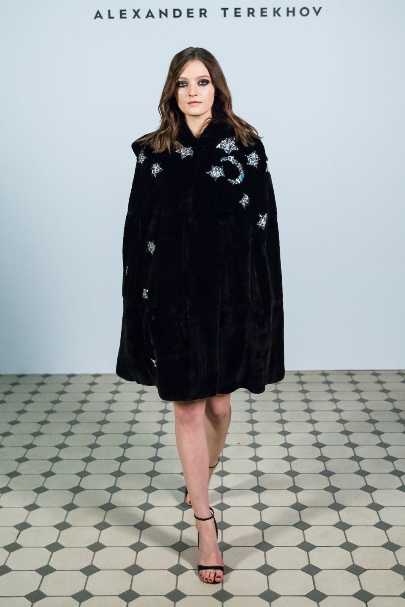 black fur embroidered cape