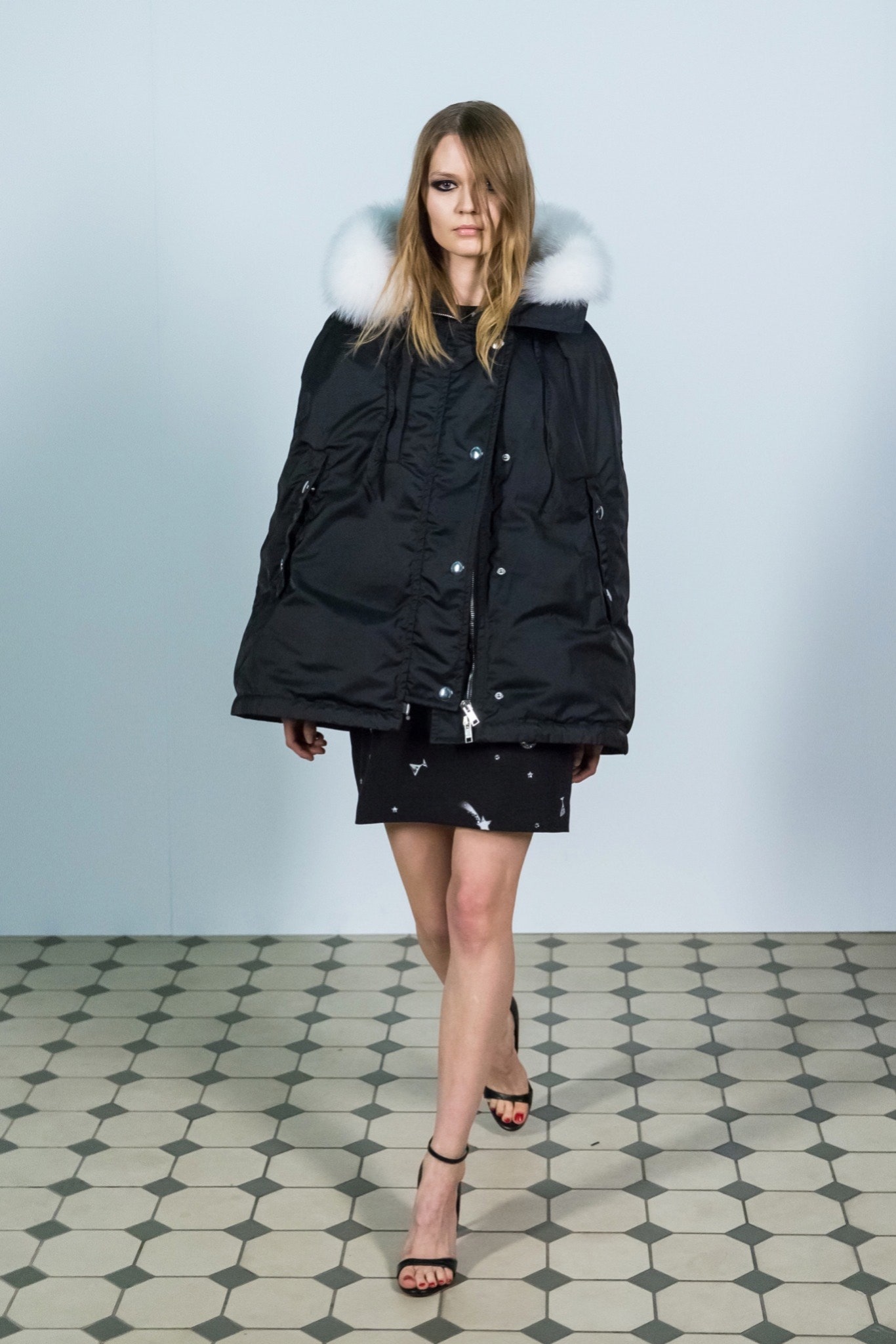 black oversized coat and mini dress