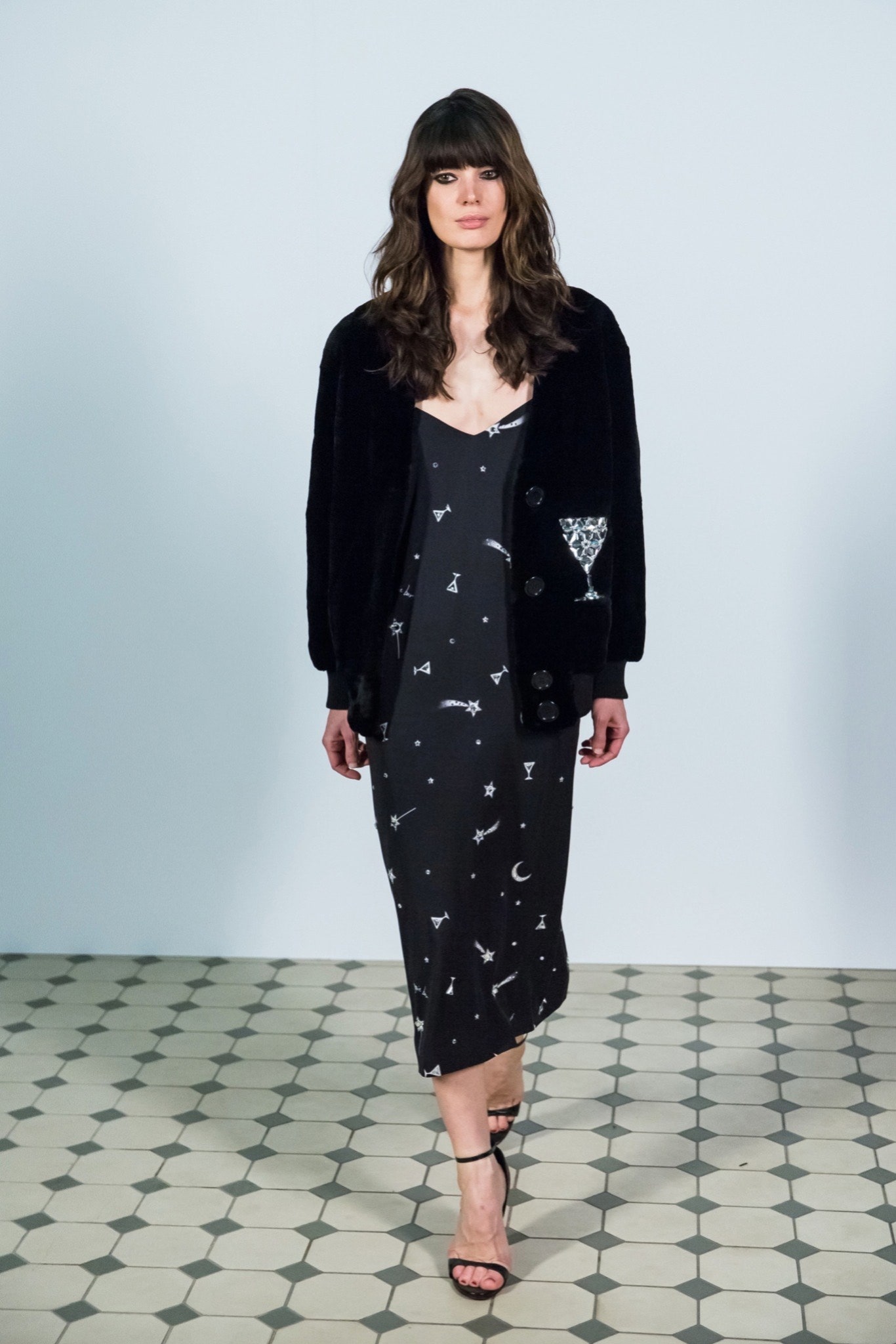 black silk midi dress with velvet jacket