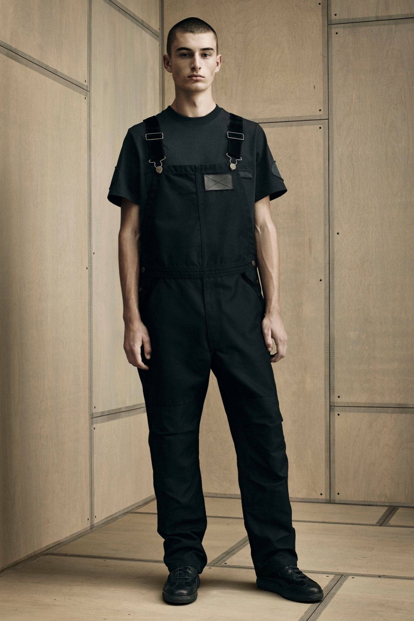 black cotton short-sleeve relaxed pockets overalls