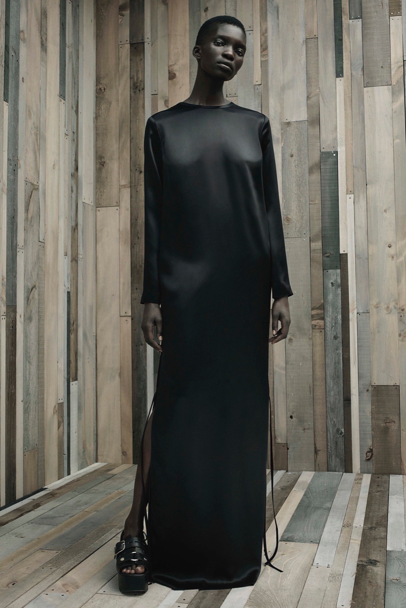 black silk fitted gown