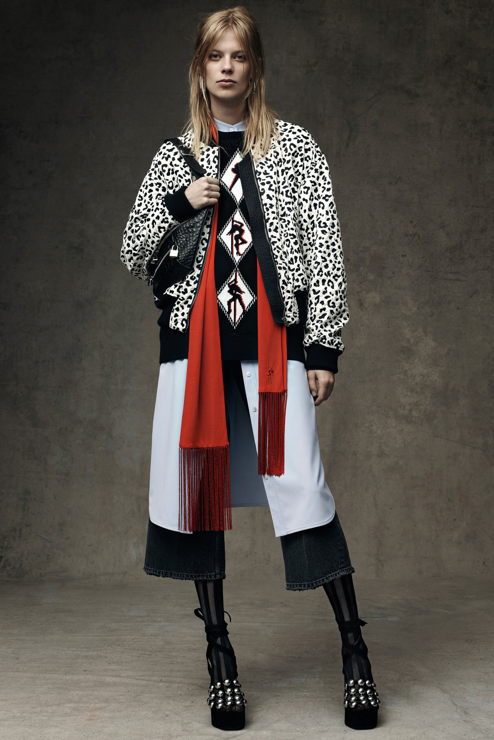 animal-print fur jacket with embroidered sweater