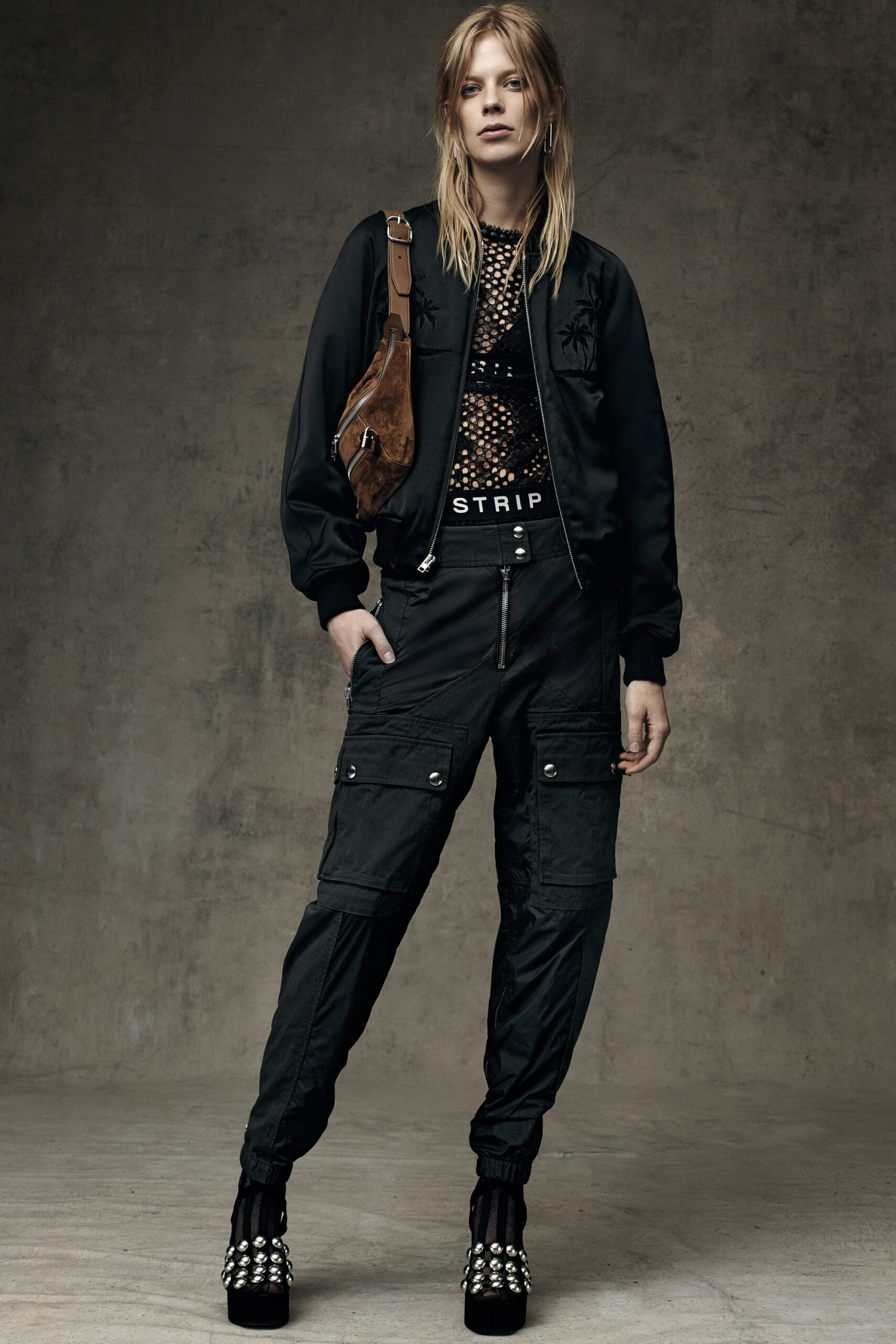 black cotton relaxed zippered cargo pants