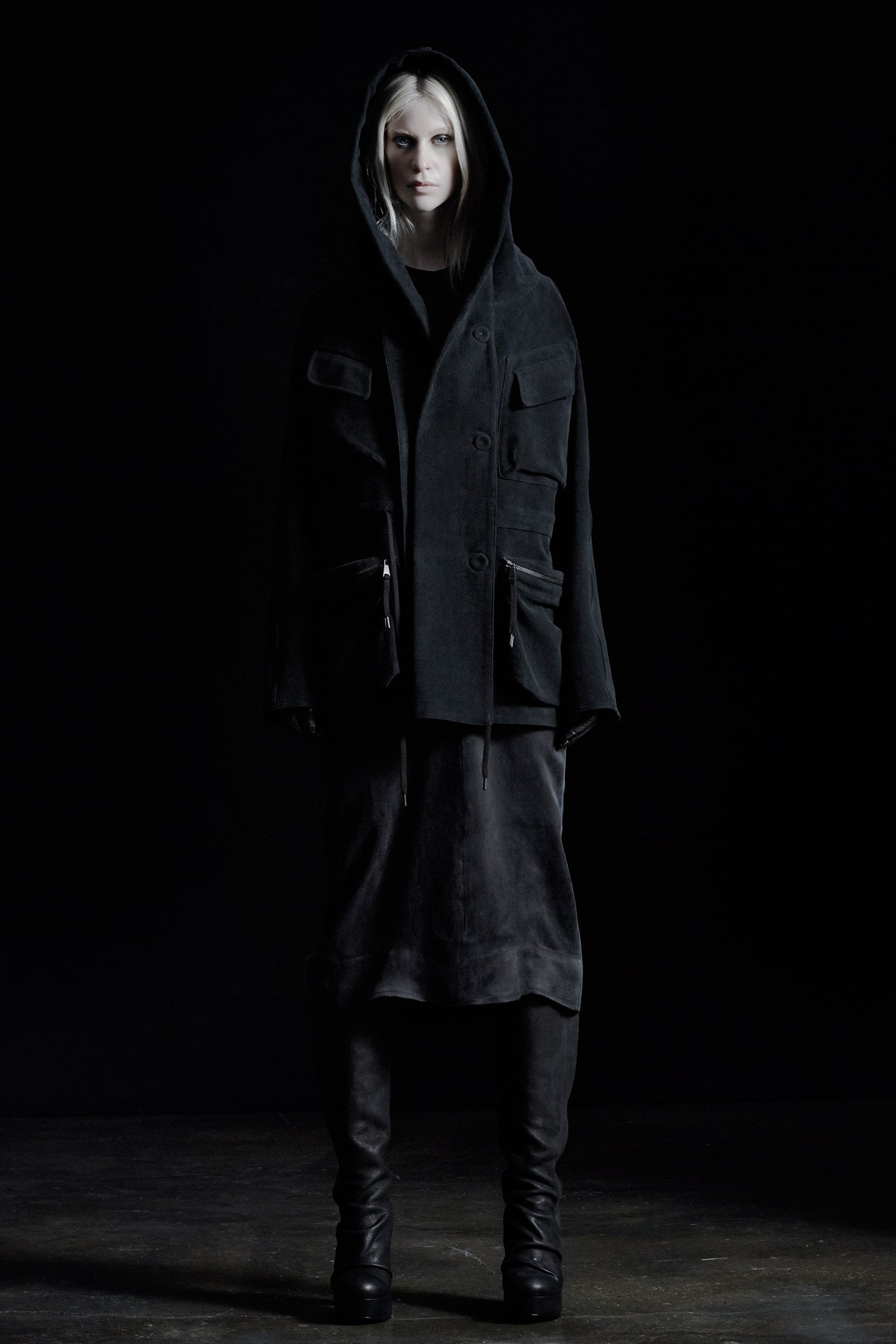 black wool coat and velvet dress