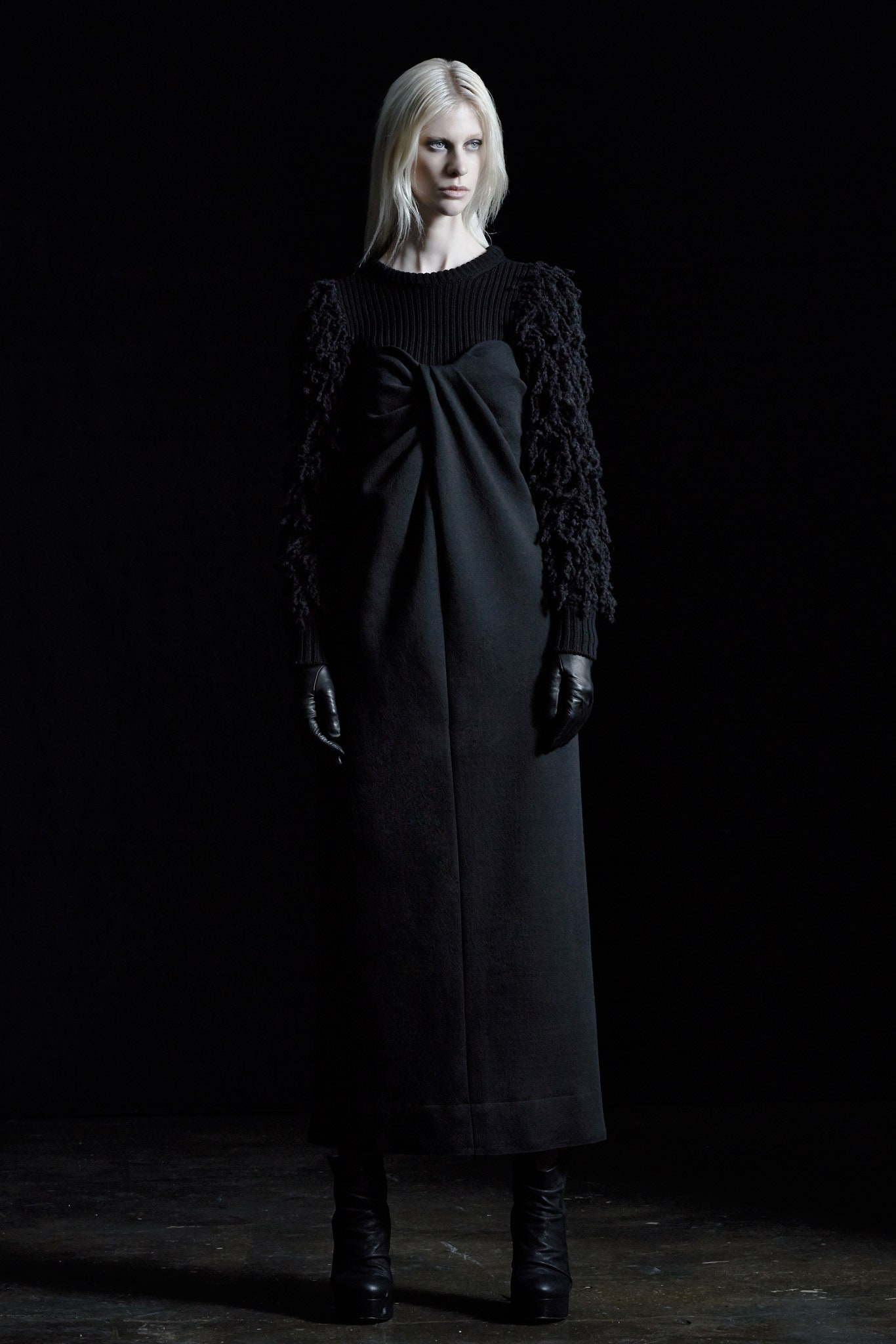 black fitted maxi dress with gloves