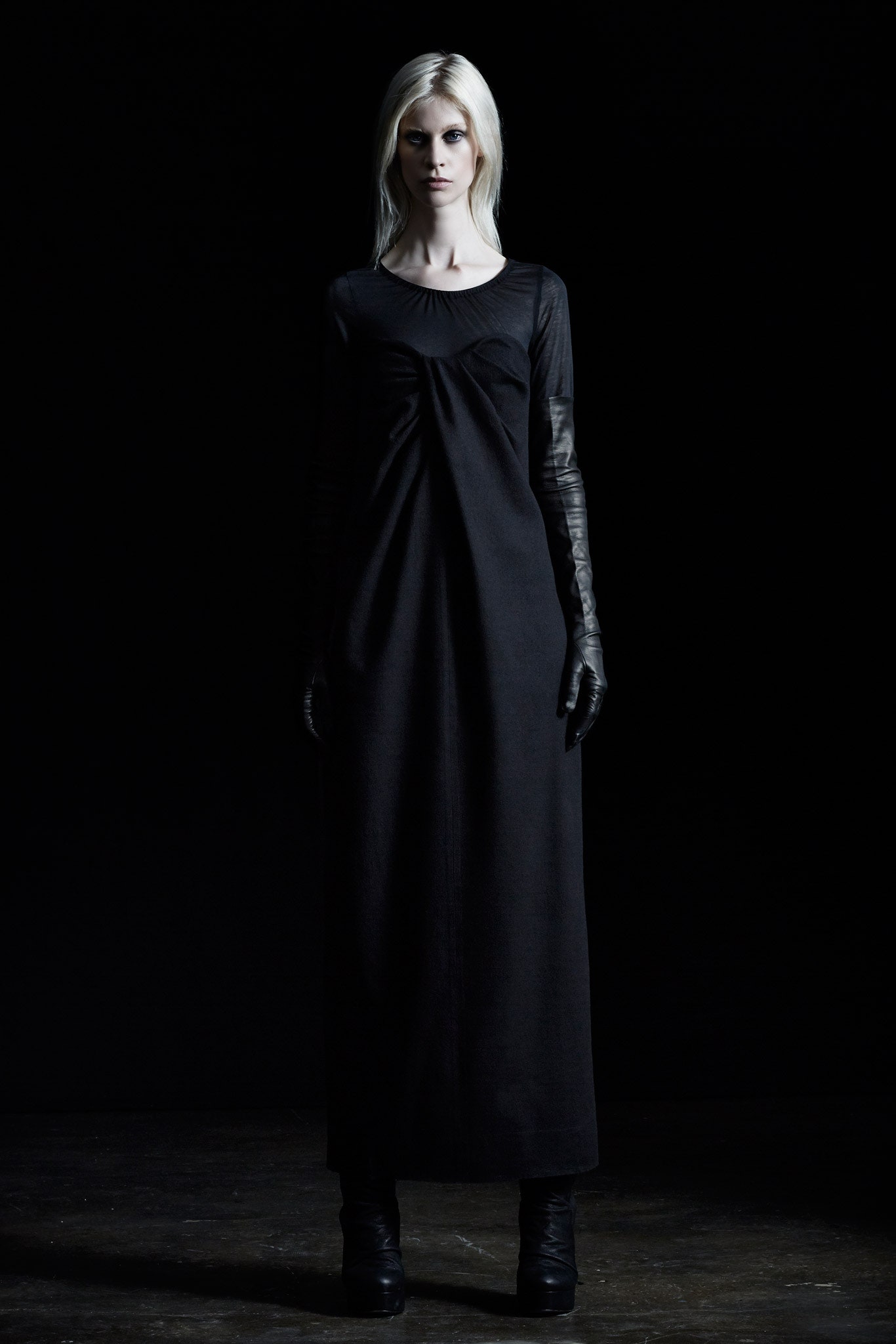black fitted maxi dress with gloves