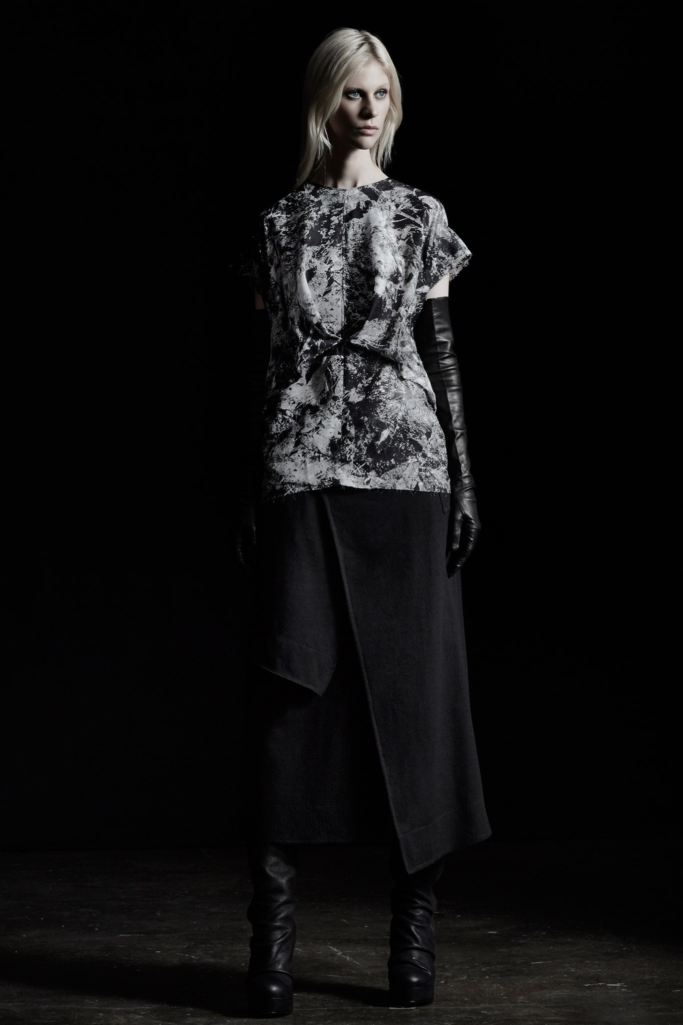 black and white printed top with asymmetric skirt