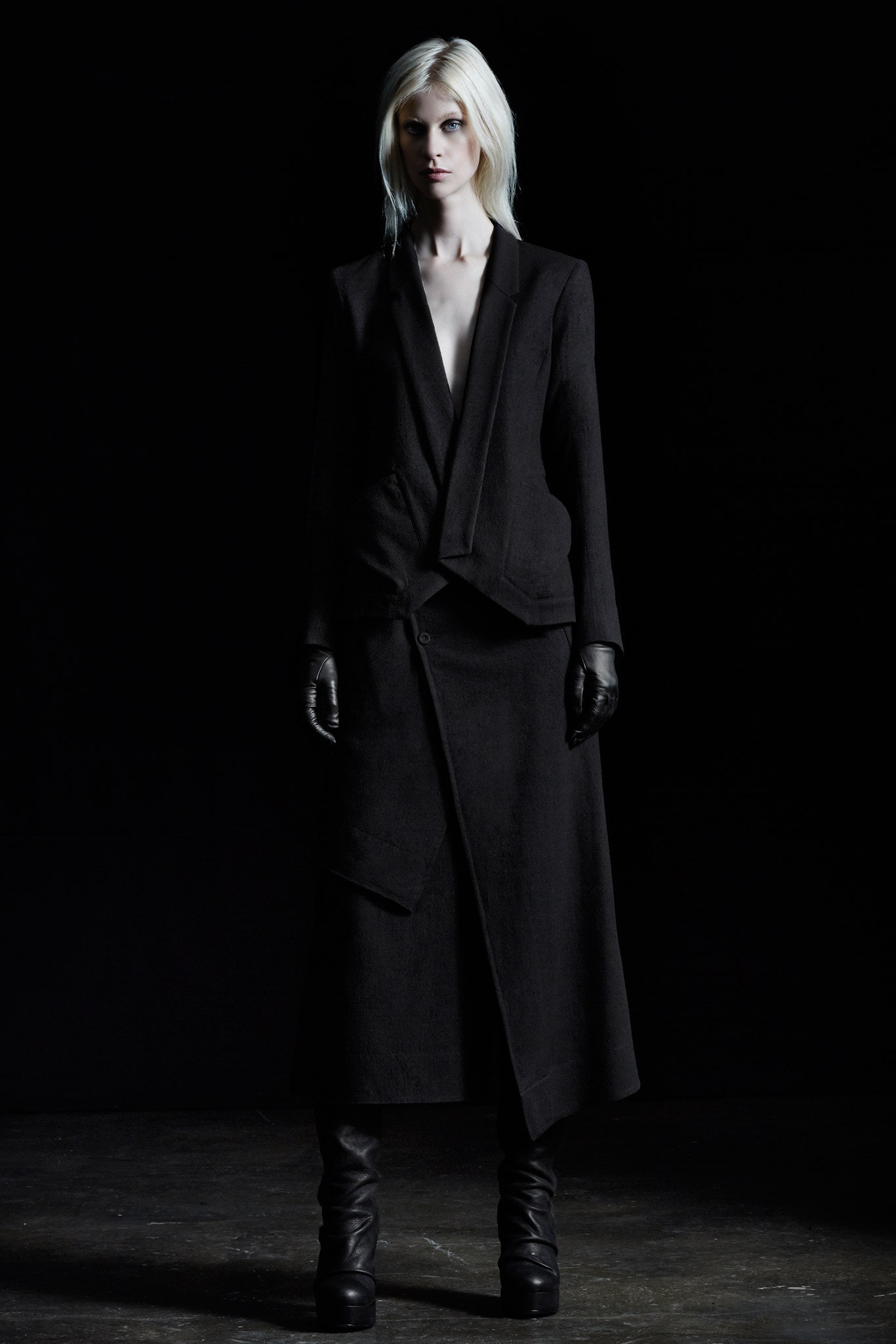 black tailored blazer and midi skirt