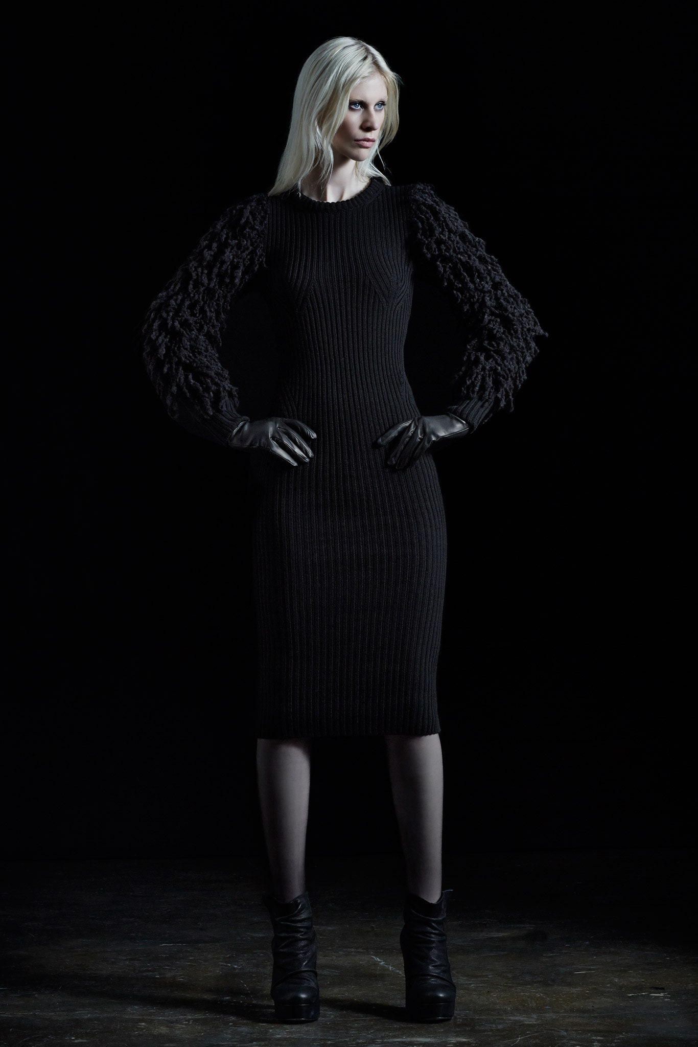 black fitted midi dress with gloves
