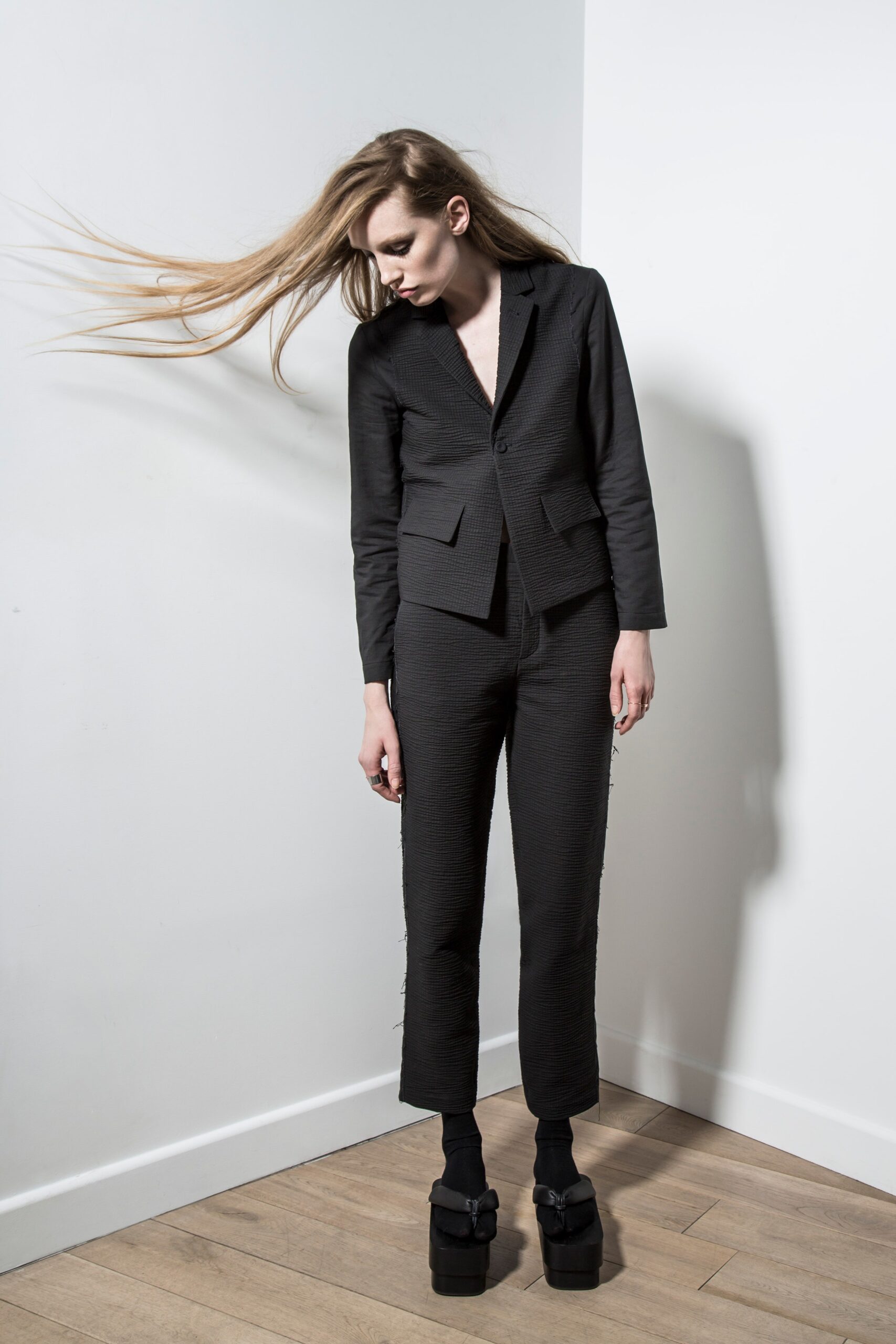 black fitted suit with pants