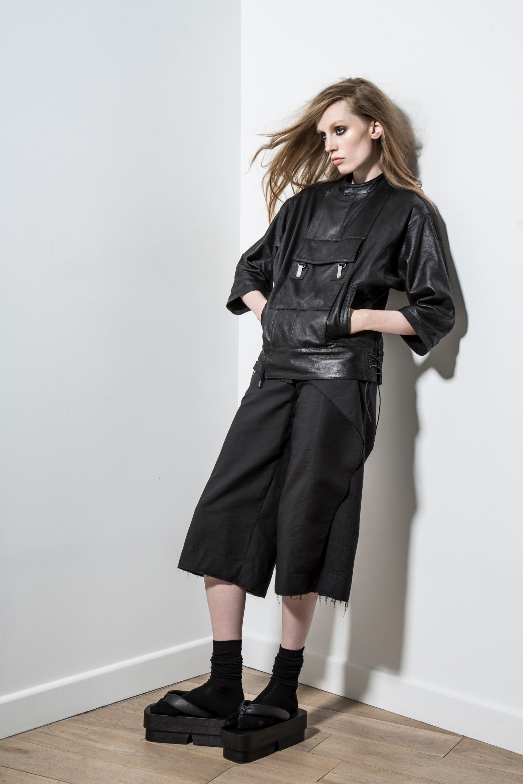 black leather relaxed top and pants