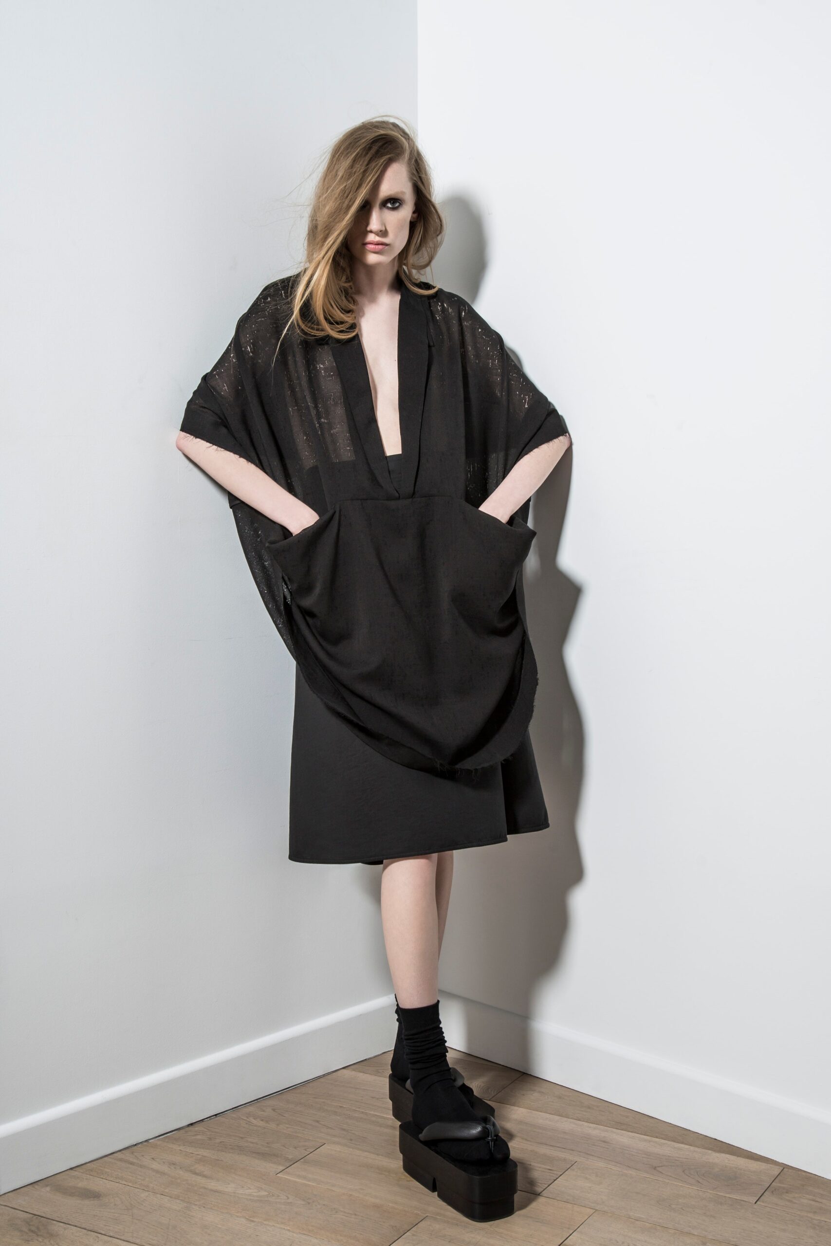 black midi dress with cape