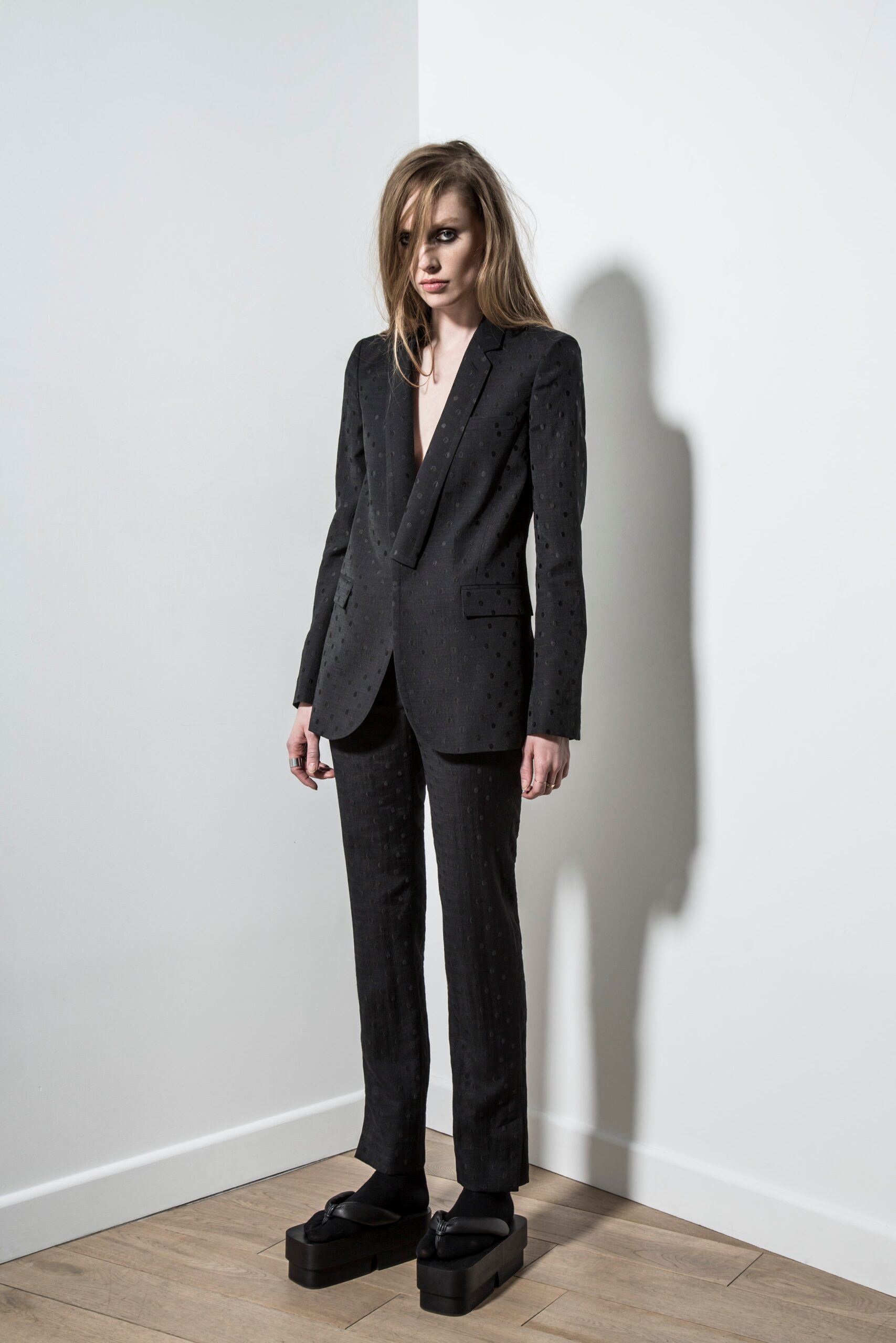 black tailored silk suit