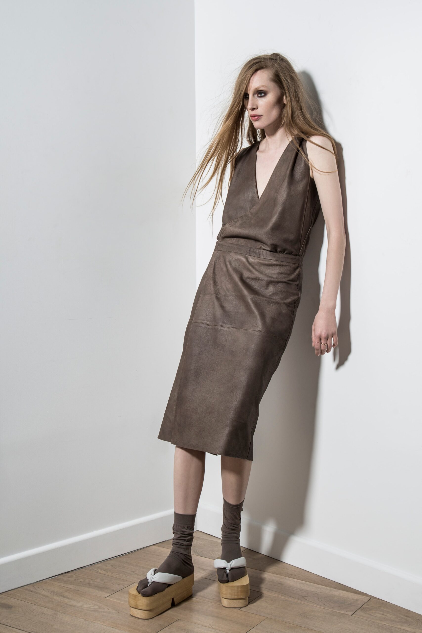brown leather sleeveless dress