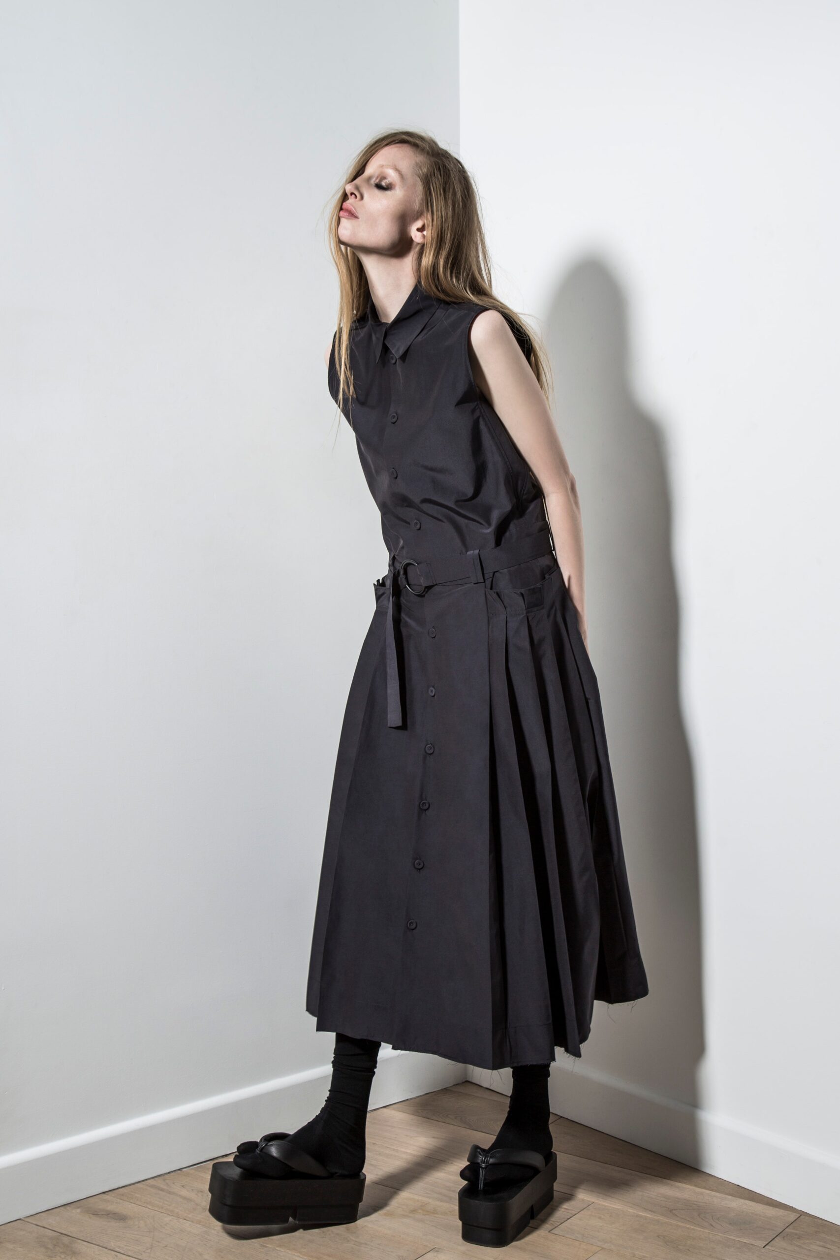 black midi dress with pleats