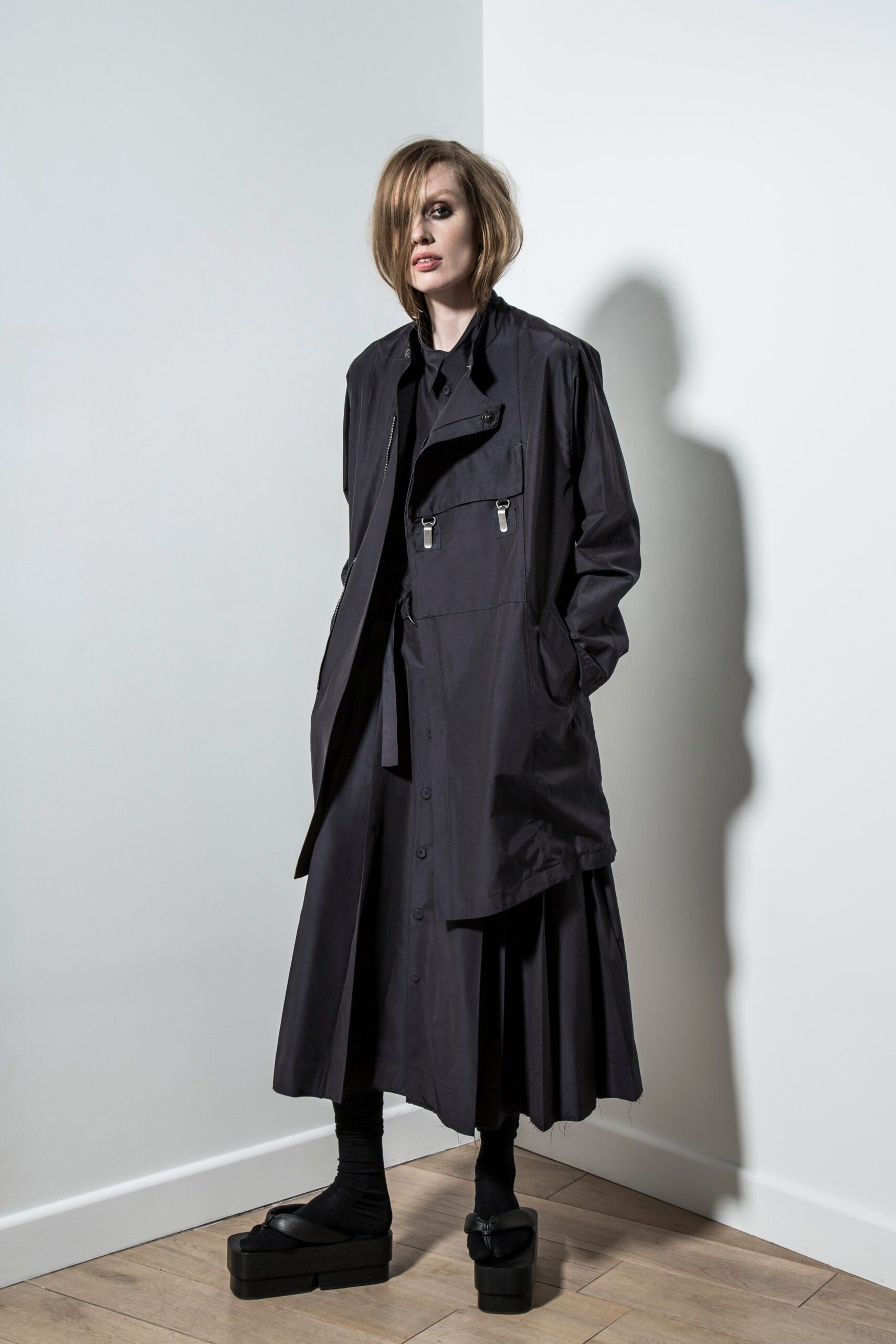 black coat and dress ensemble