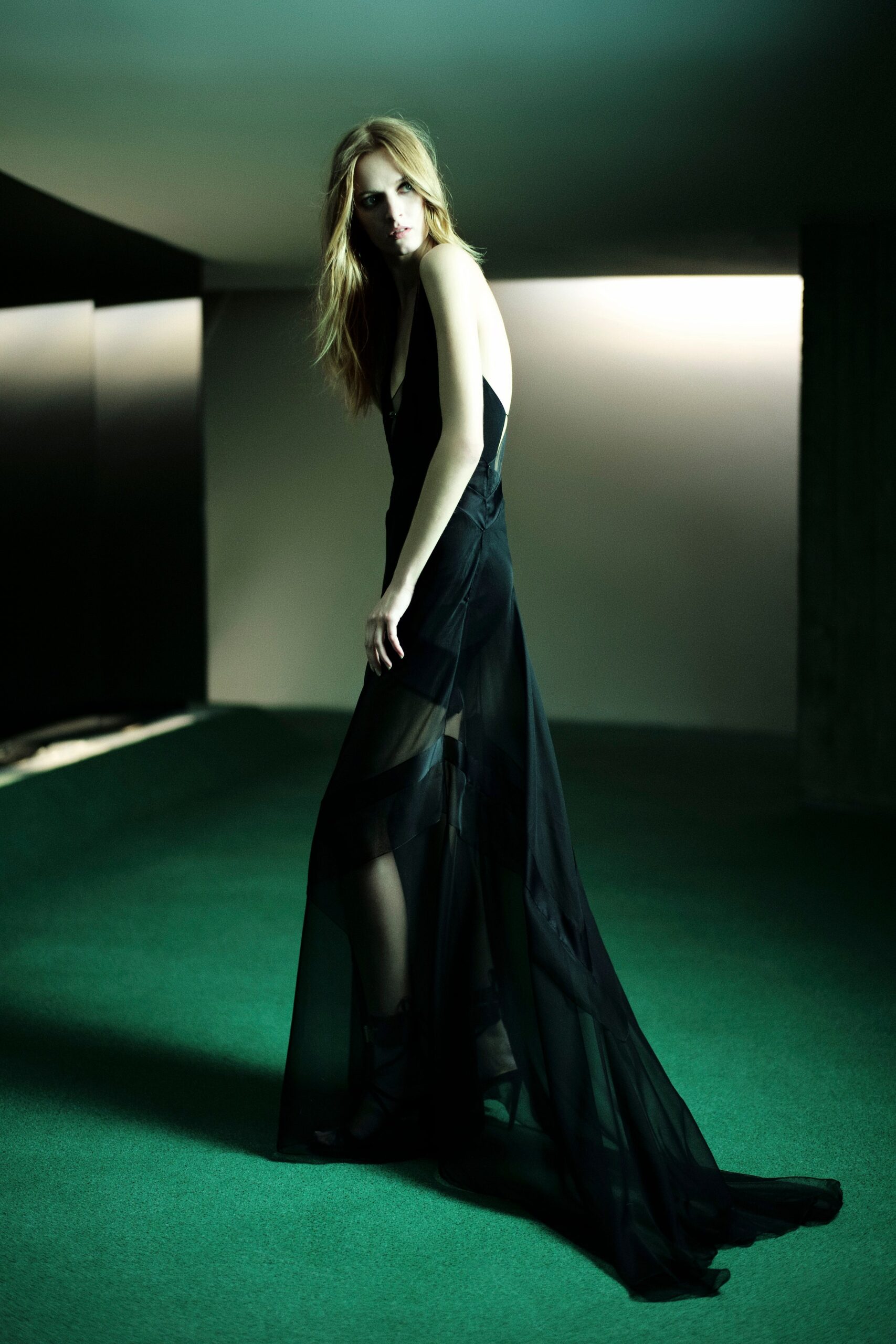 black silk flowing gown