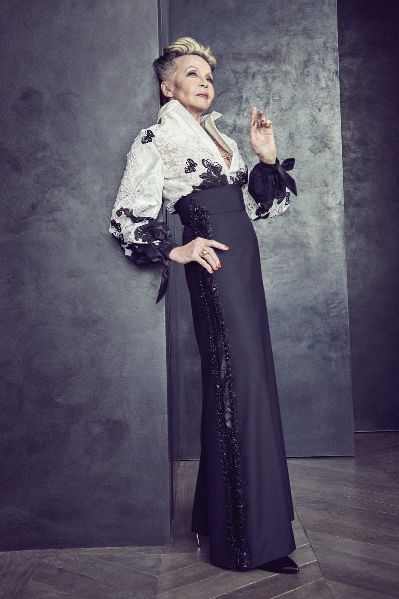 black and white embroidered gown