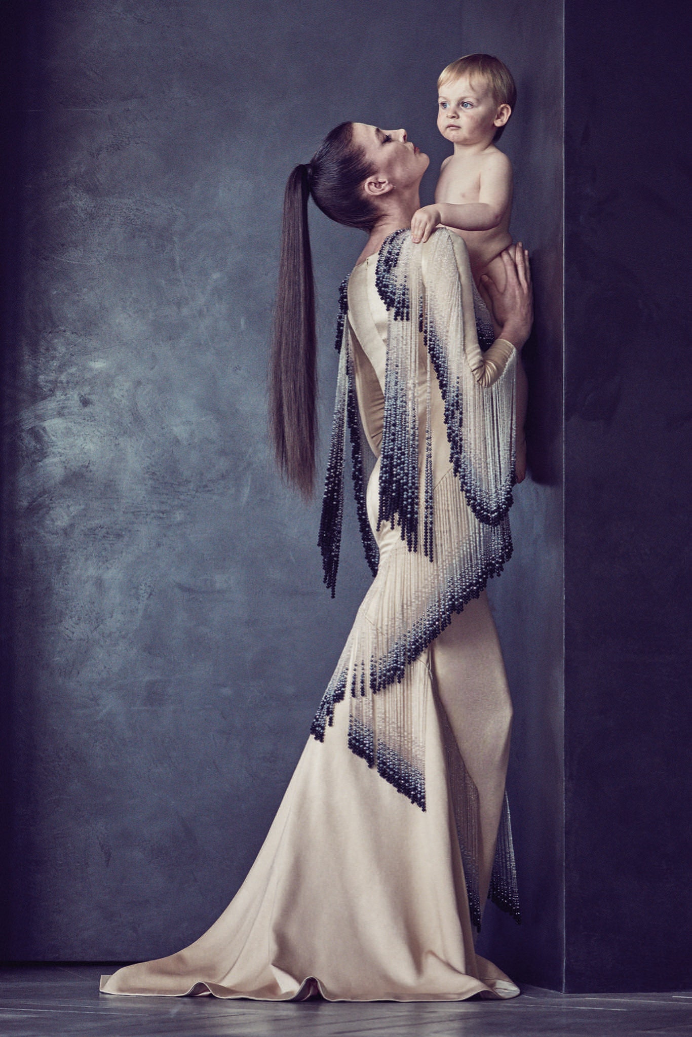 beige silk fitted gown