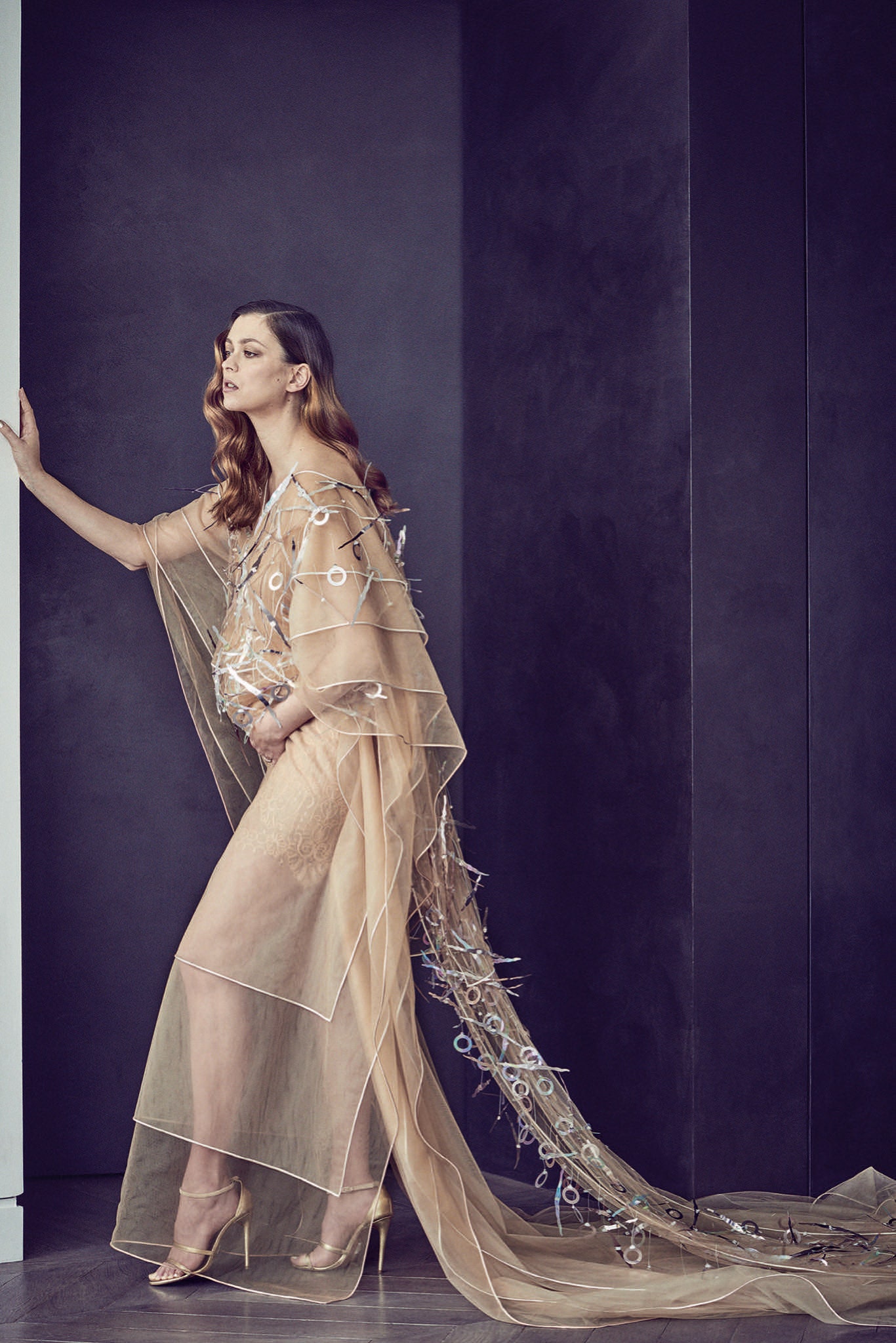 beige silk sleeveless v-neck fitted embroidered layered gown