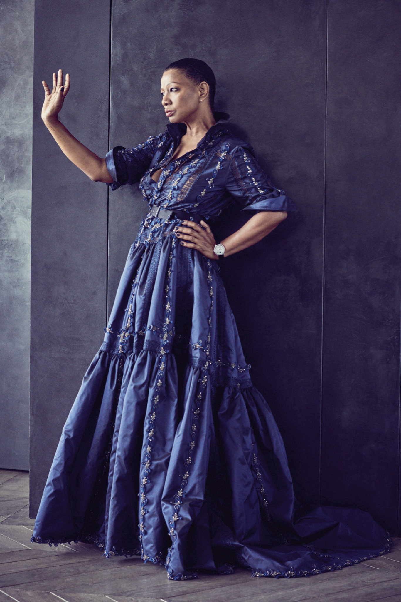 blue silk embroidered gown