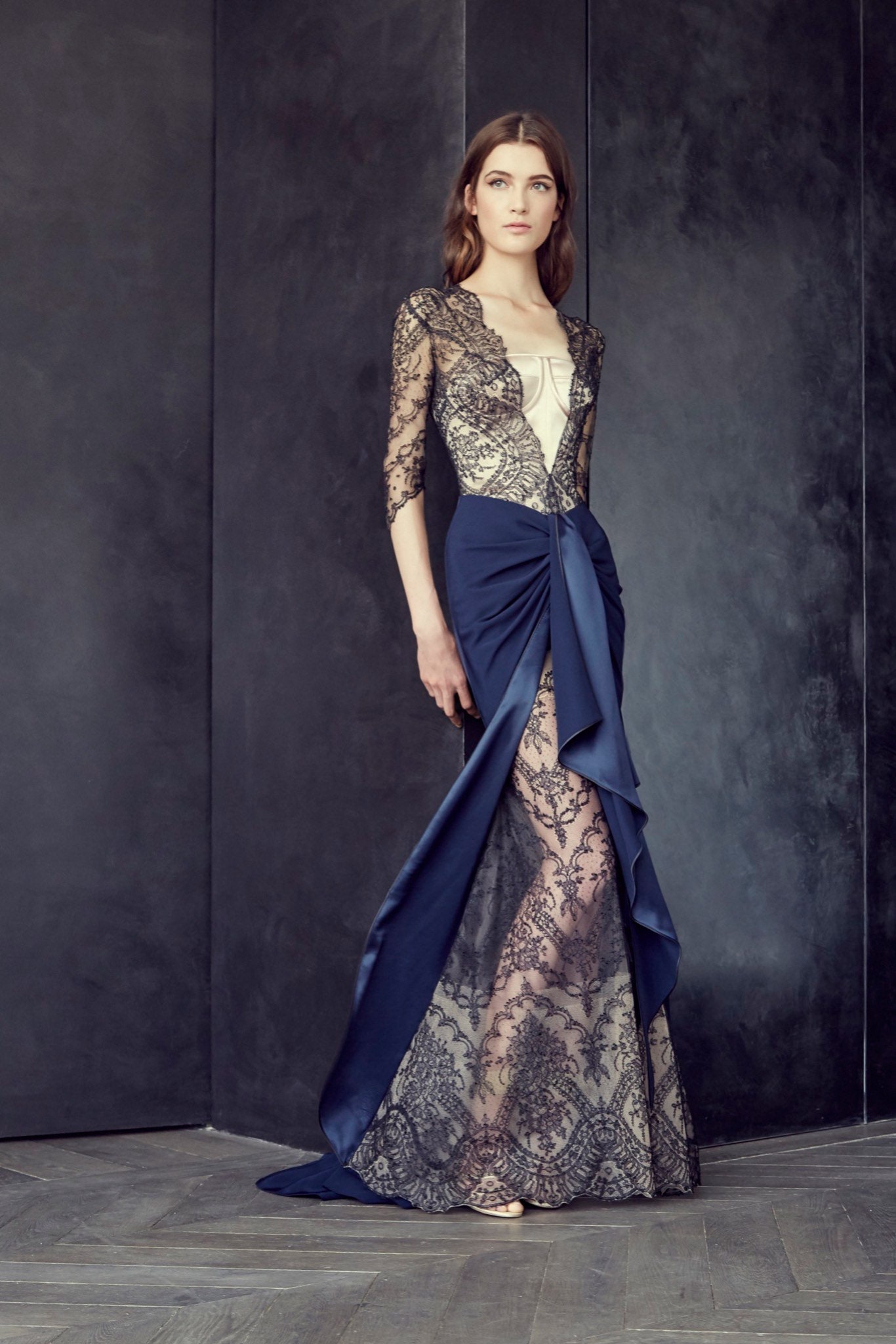 navy lace long-sleeve gown