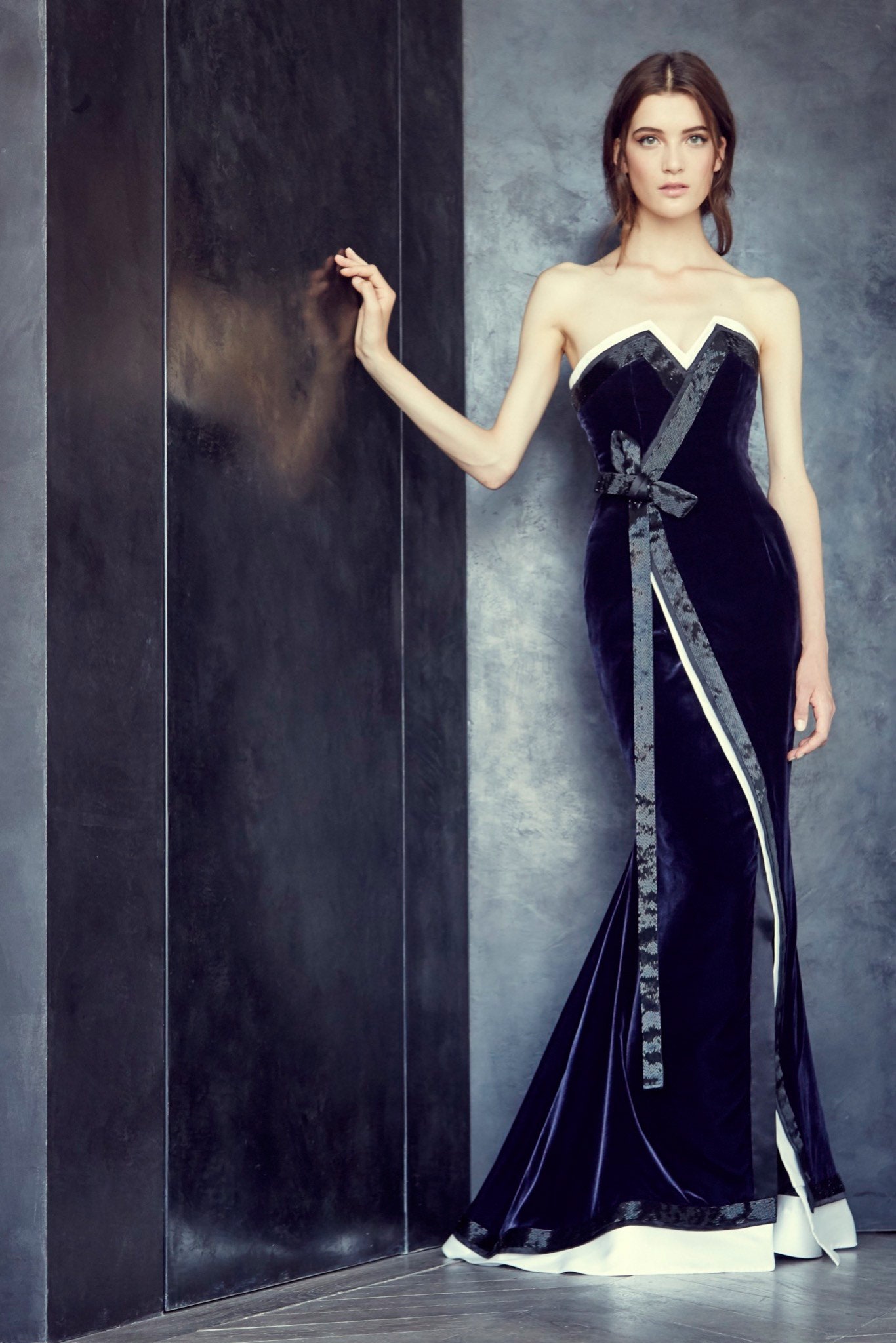 blue velvet strapless gown