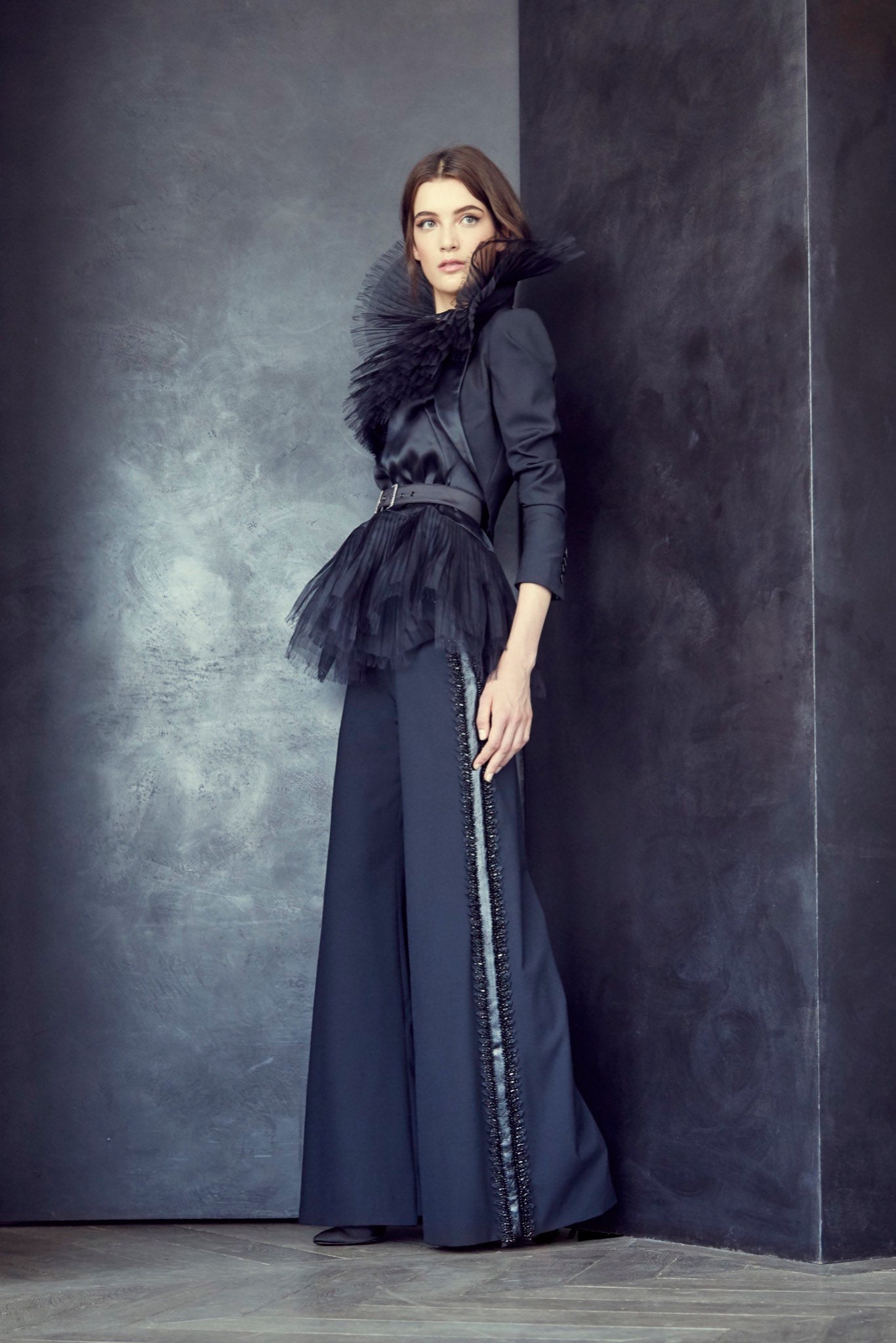 black silk blazer and wide-leg pants