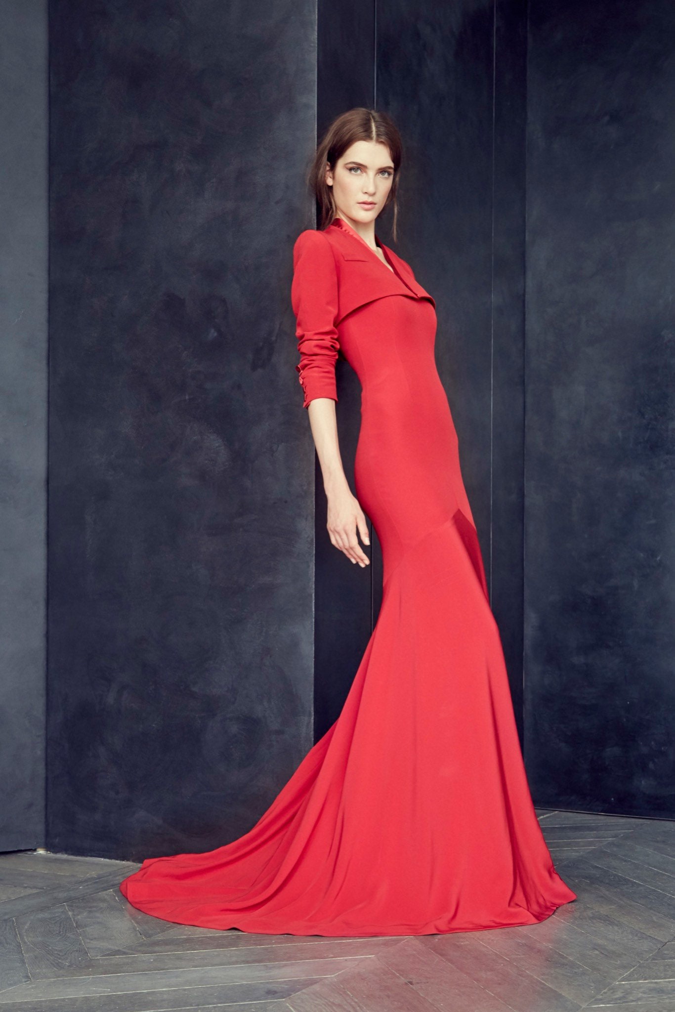fitted red silk gown