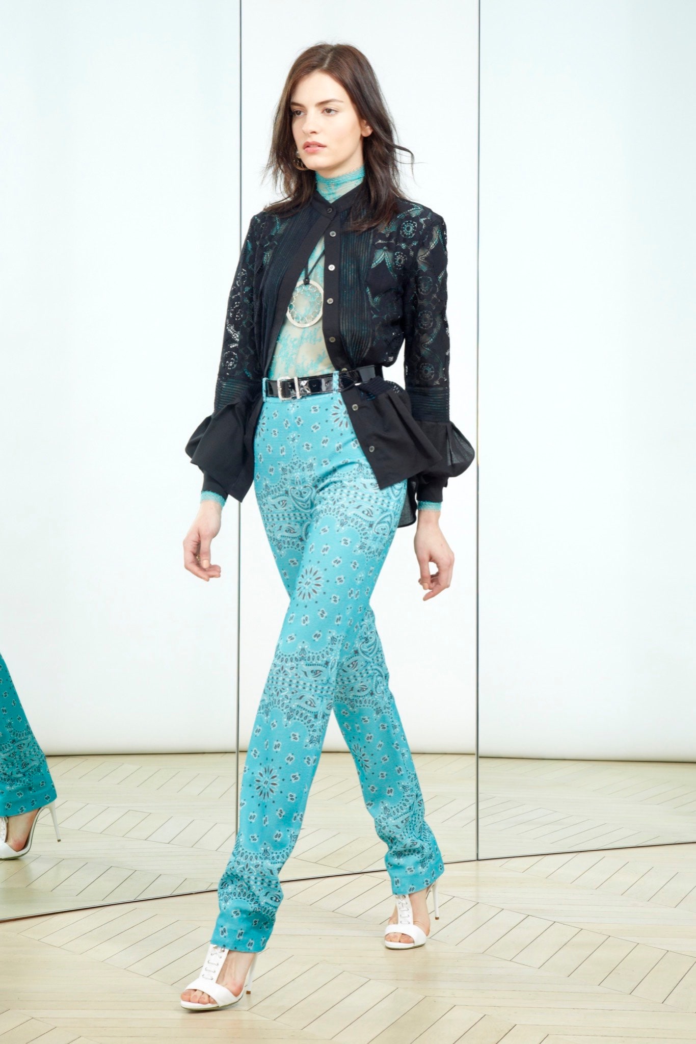 black lace fitted jacket with blue top