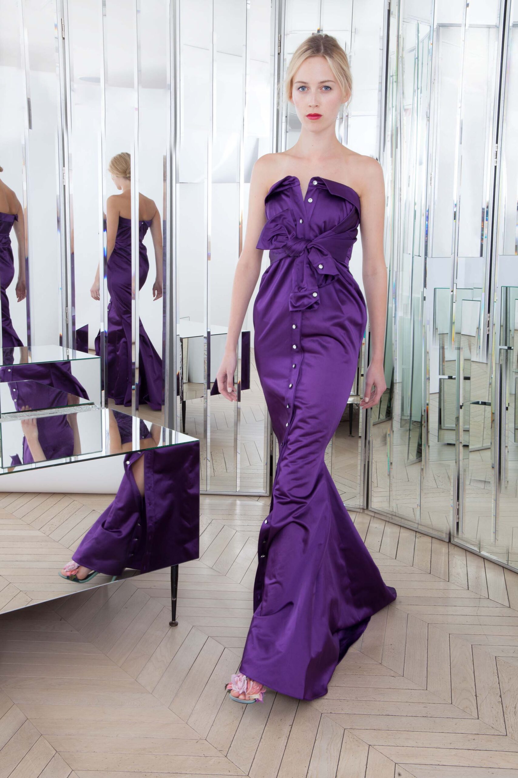 purple silk strapless gown