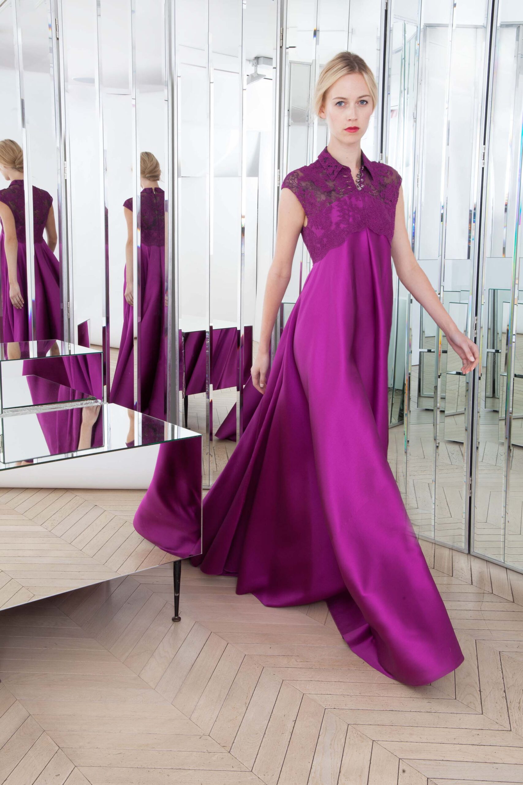 purple silk sleeveless gown
