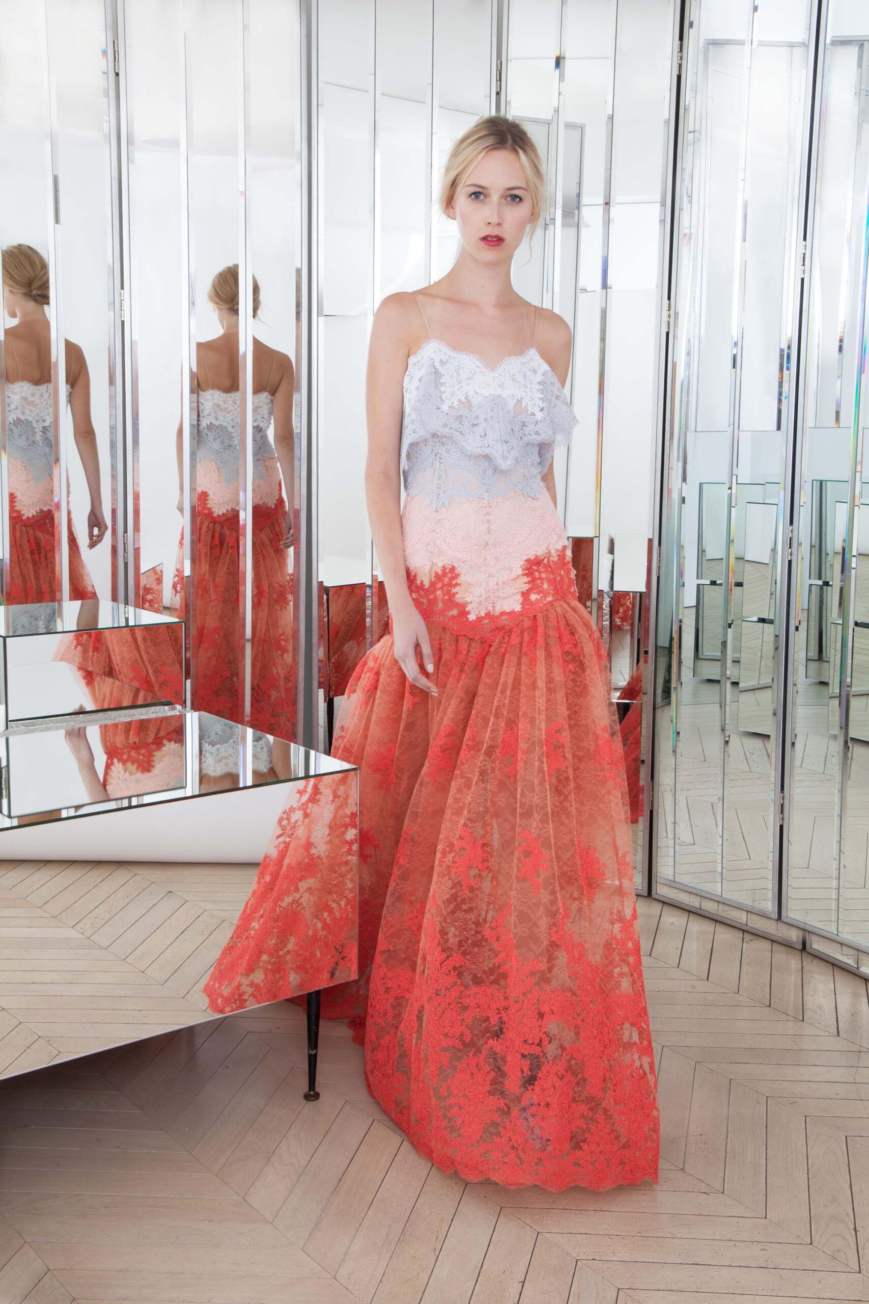 red and blue lace gown