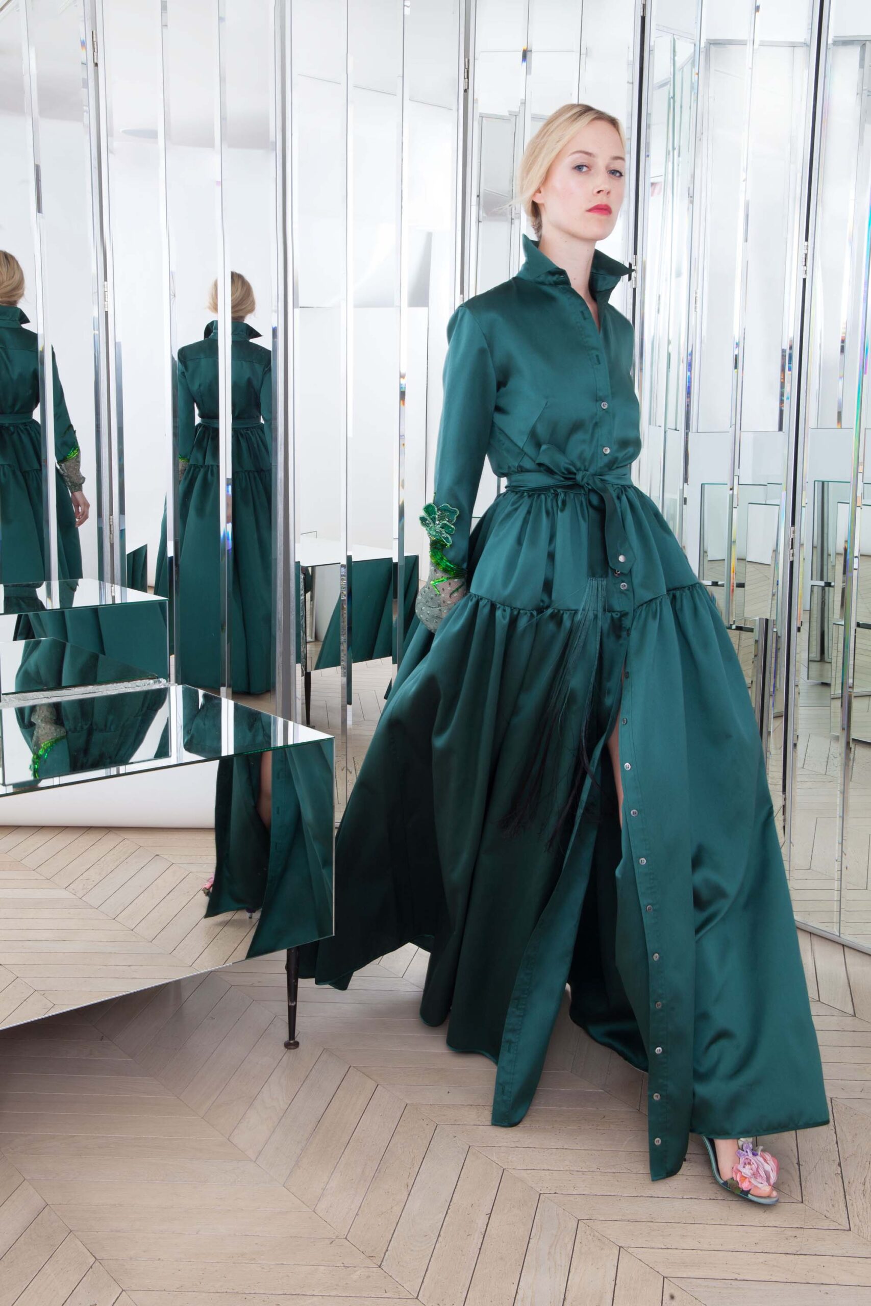 green silk long-sleeve dress
