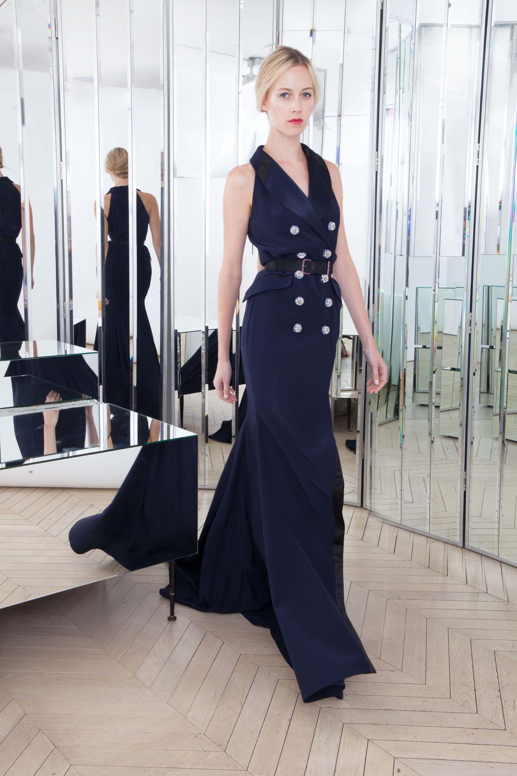fitted navy silk gown