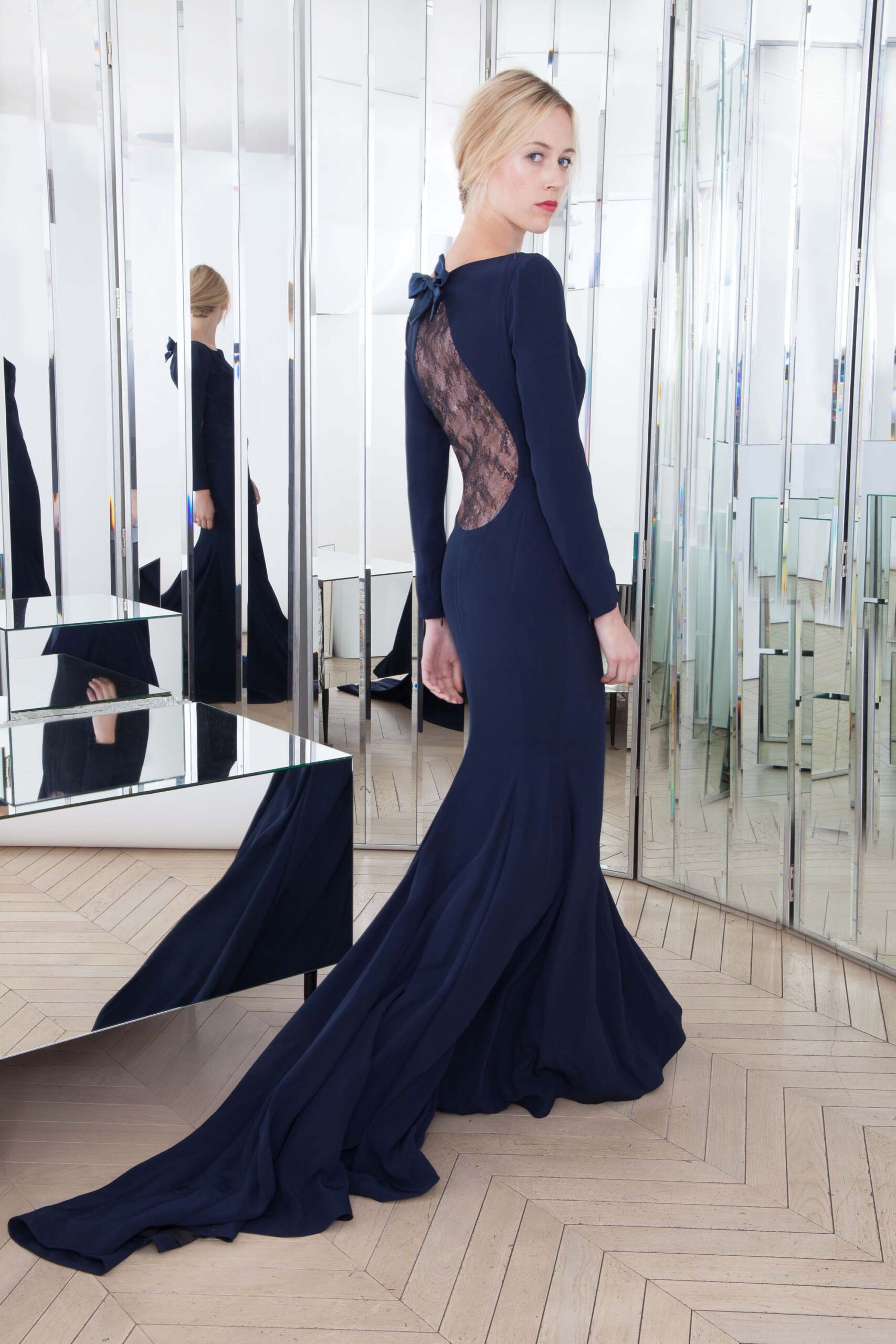 blue silk fitted gown