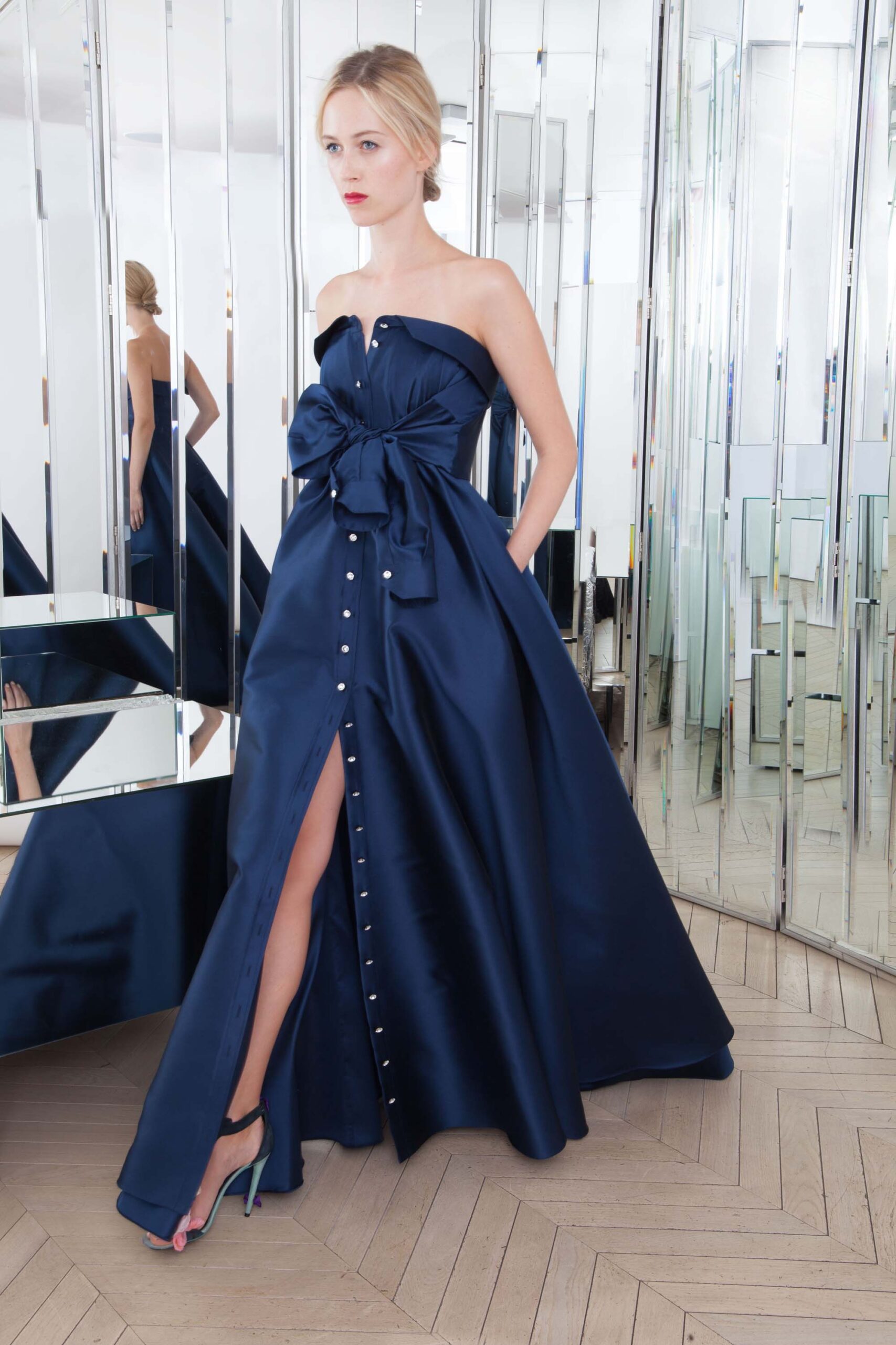 blue satin strapless gown