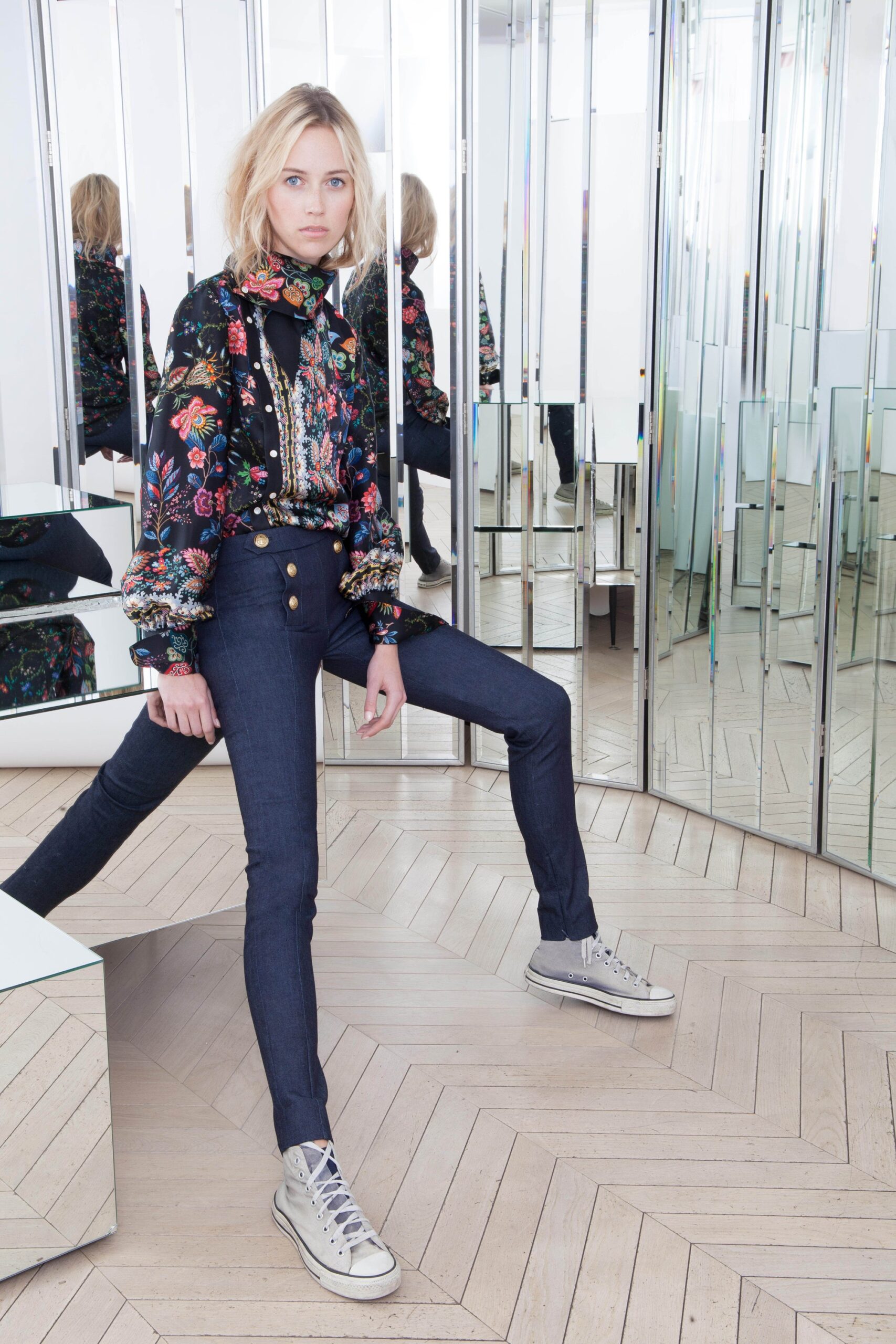 black embroidered blouse with denim pants