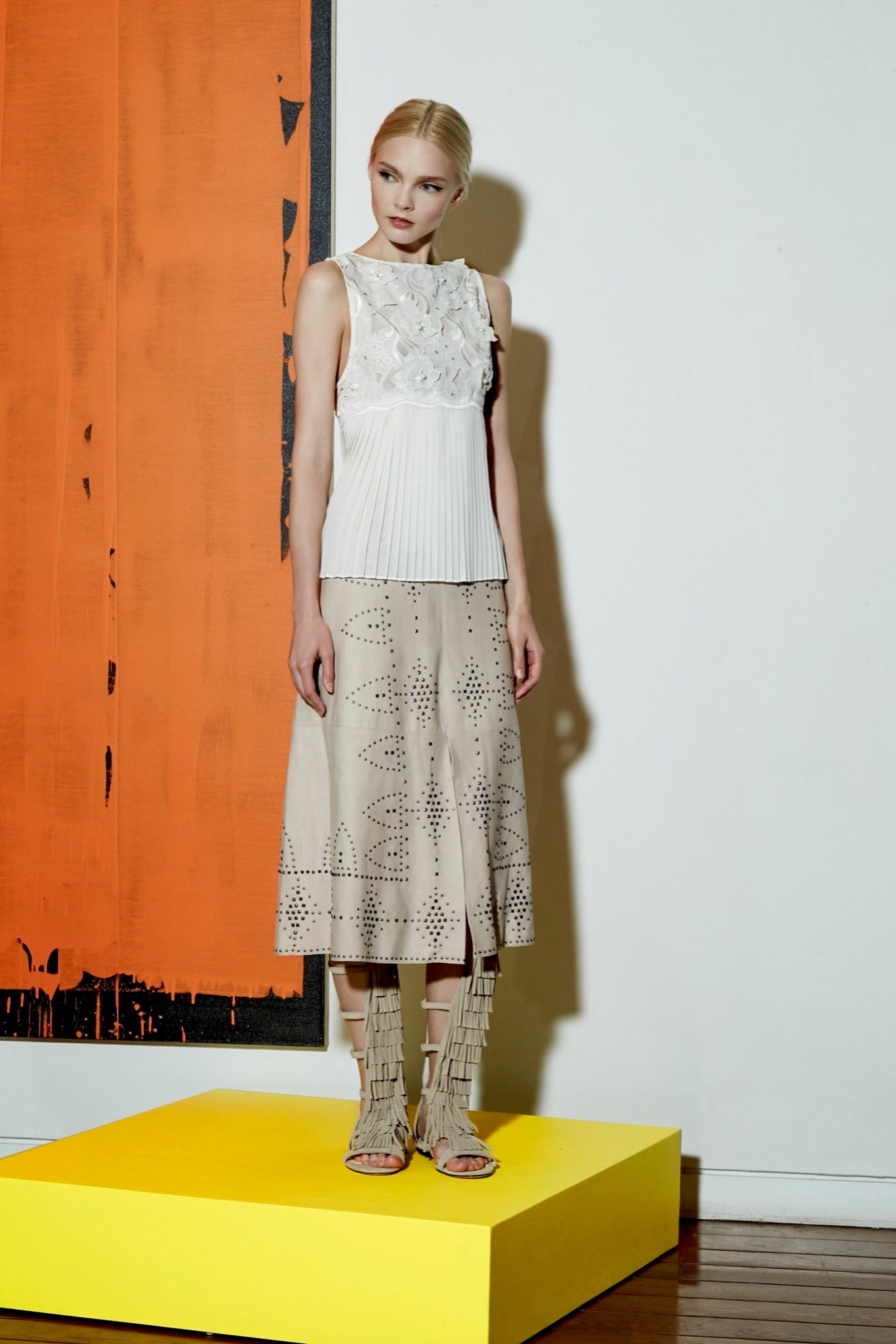 white fitted top beige midi skirt