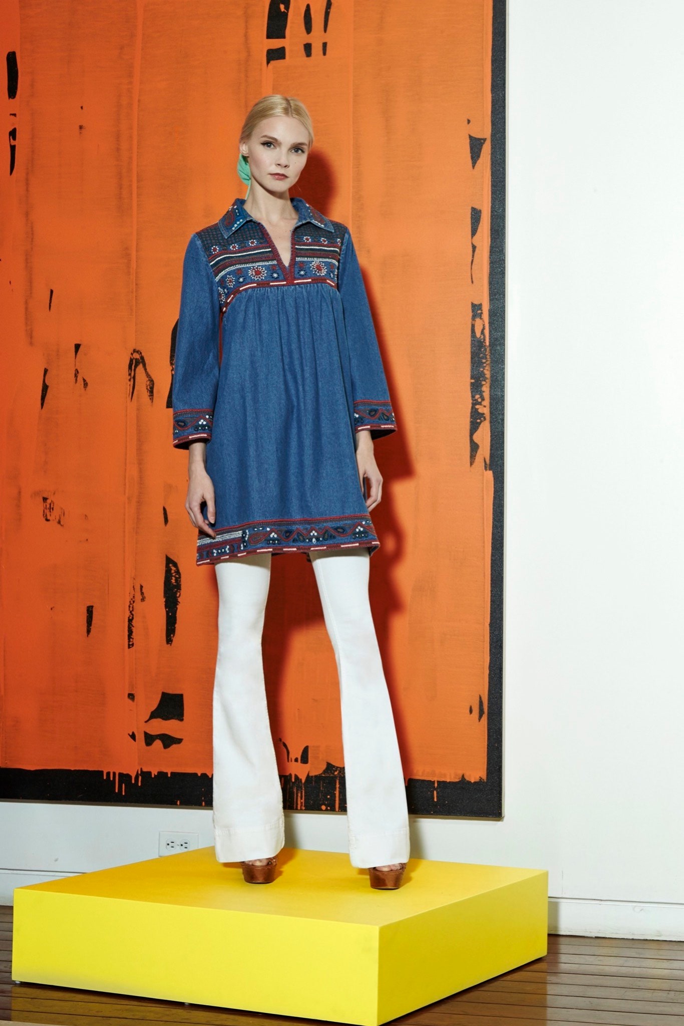 blue denim mini dress with white flared pants