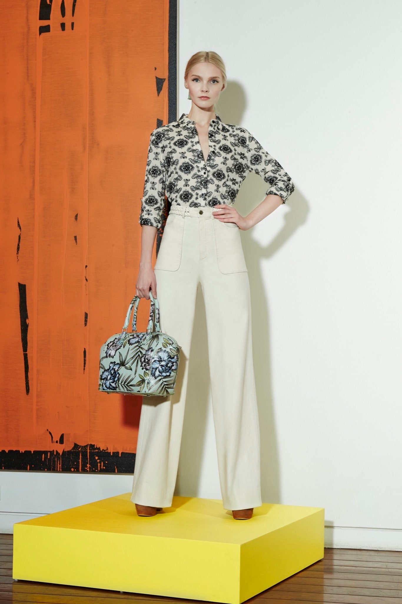 printed shirt and tailored pants