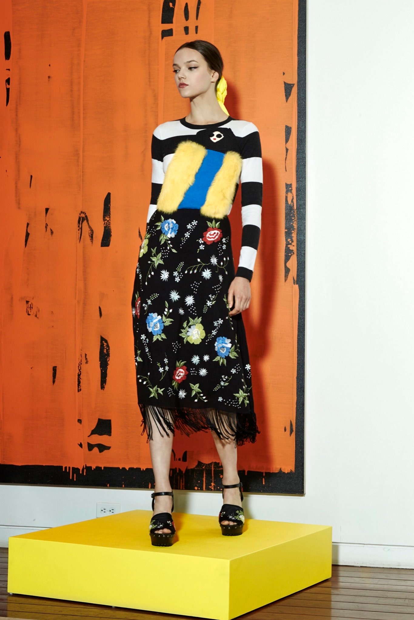 fitted striped top and embroidered midi skirt