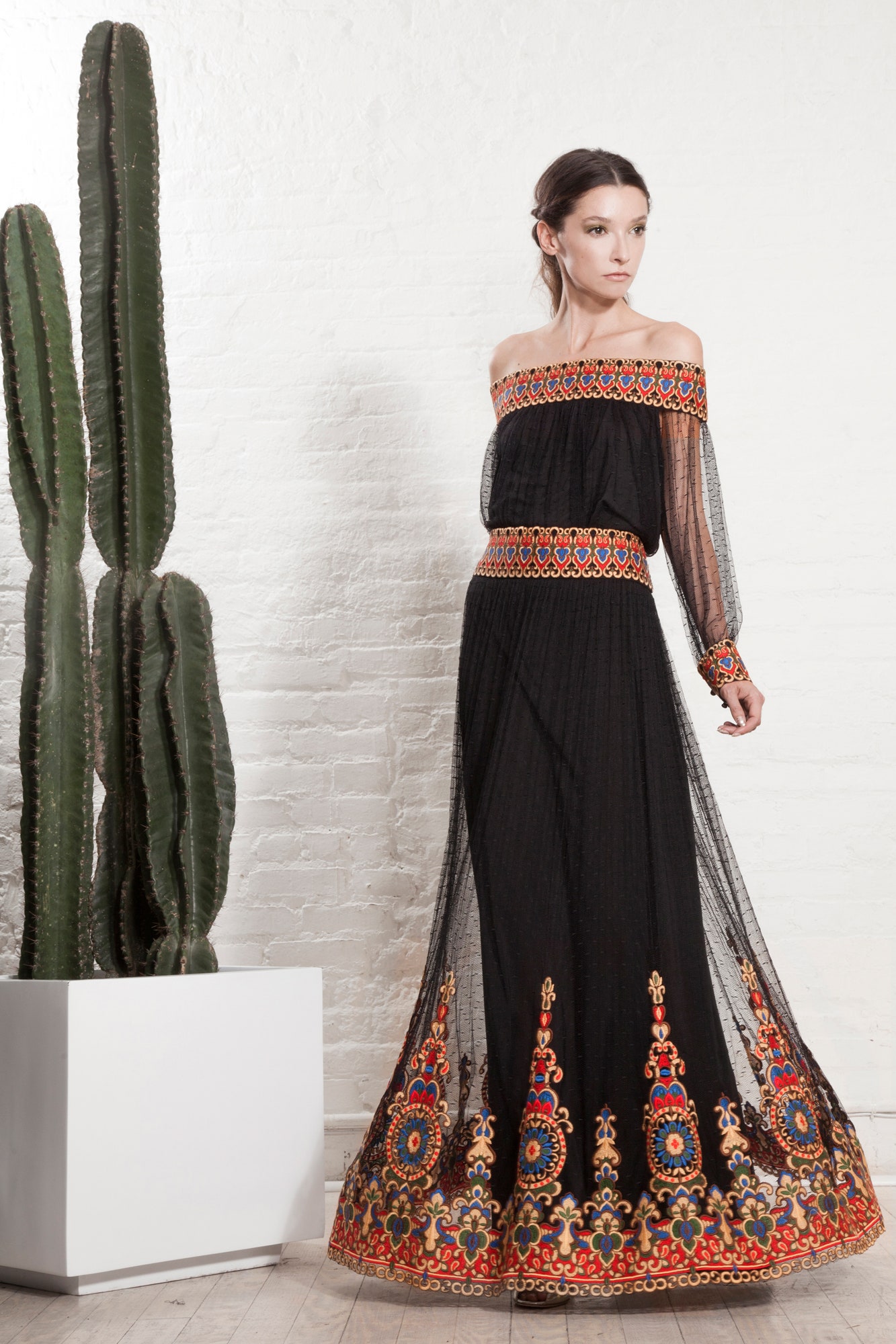 black off-shoulder embroidered gown