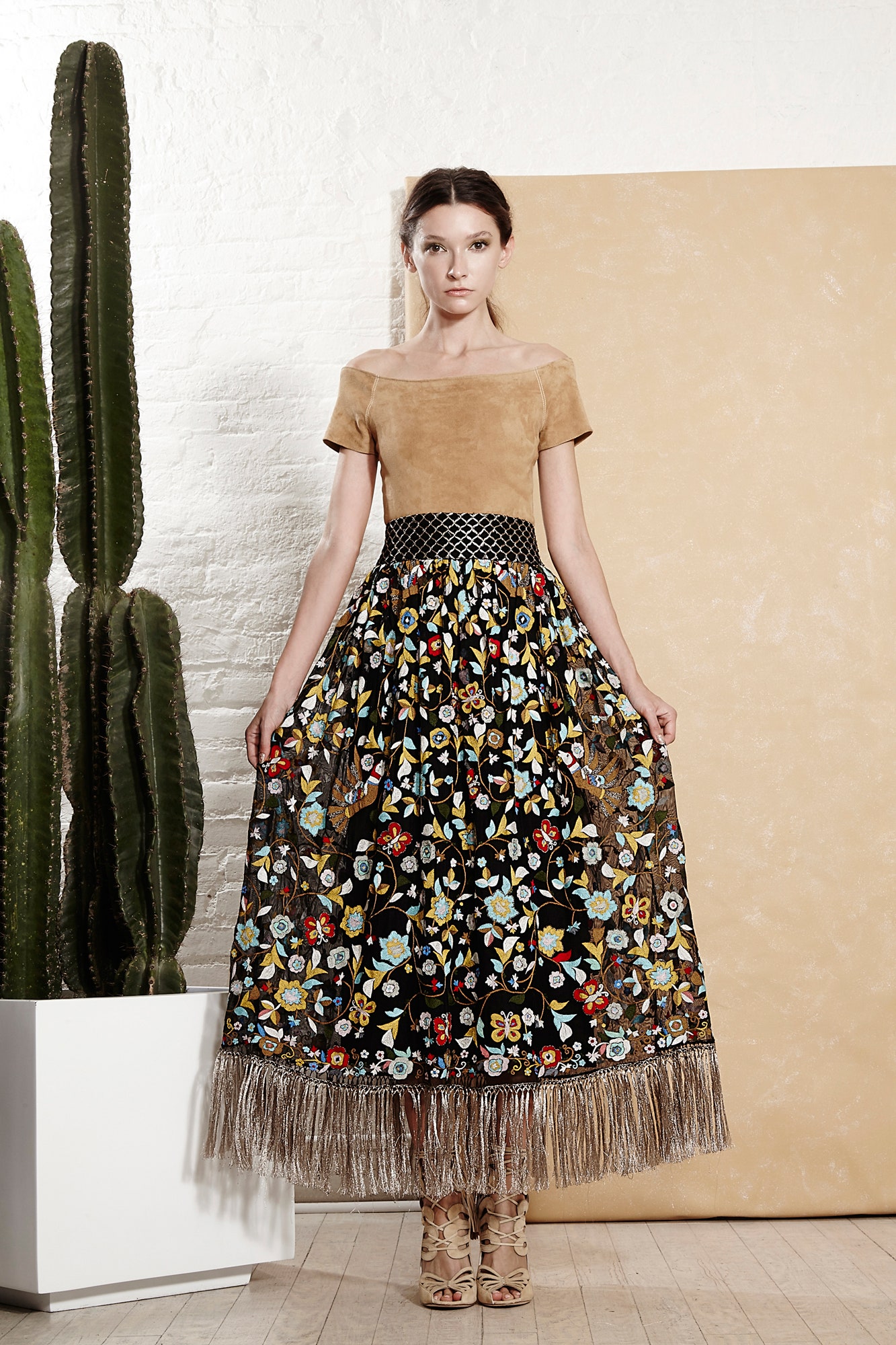 brown suede top with embroidered skirt