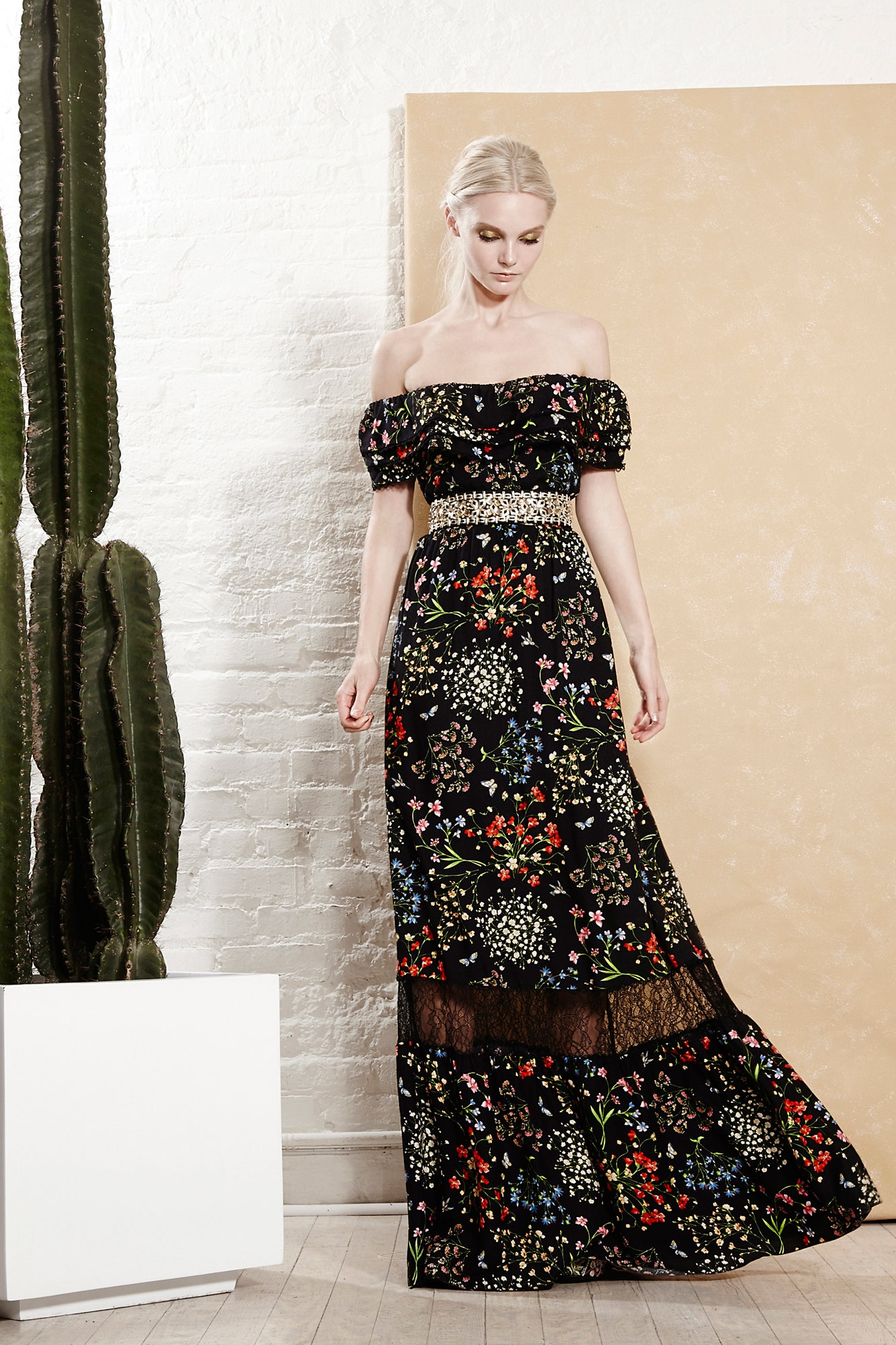 black floral off-shoulder maxi dress