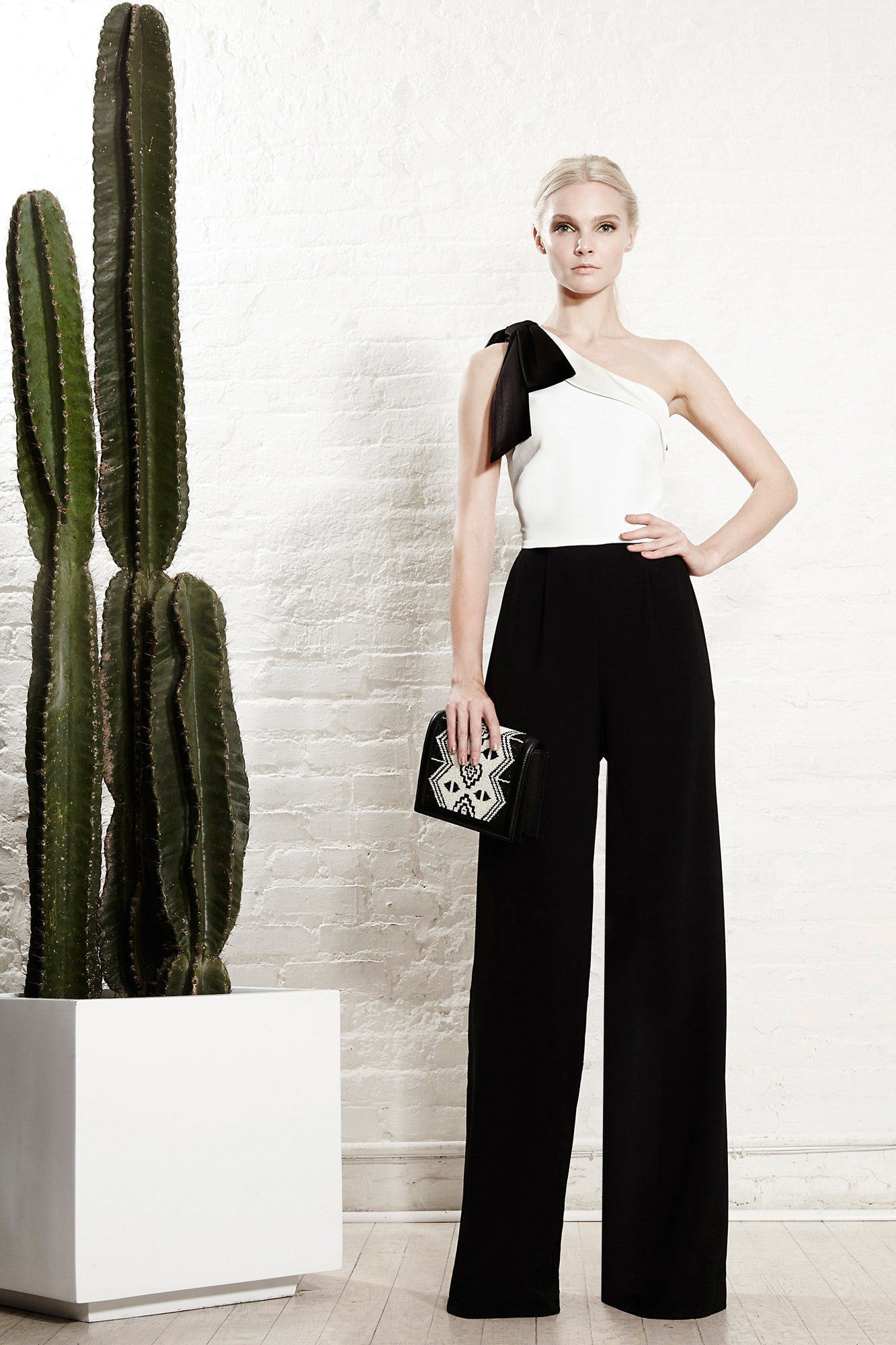 black and white one-shoulder jumpsuit