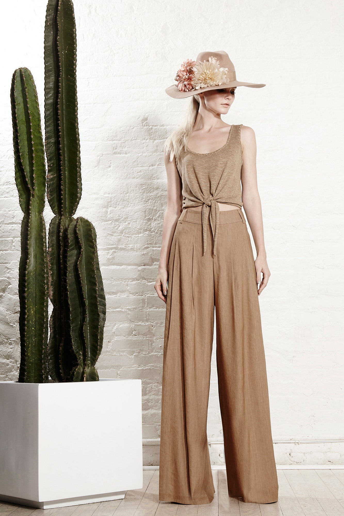 beige cotton top with wide-leg pants
