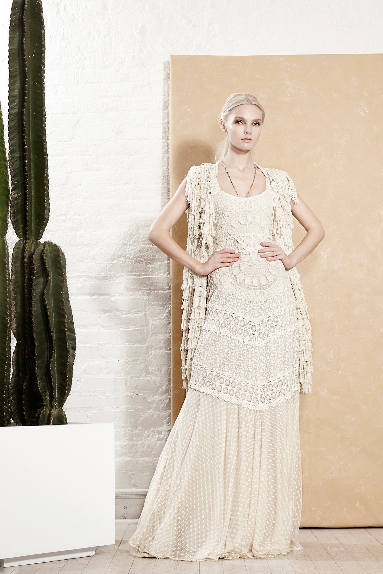 ivory lace maxi dress with fringed vest